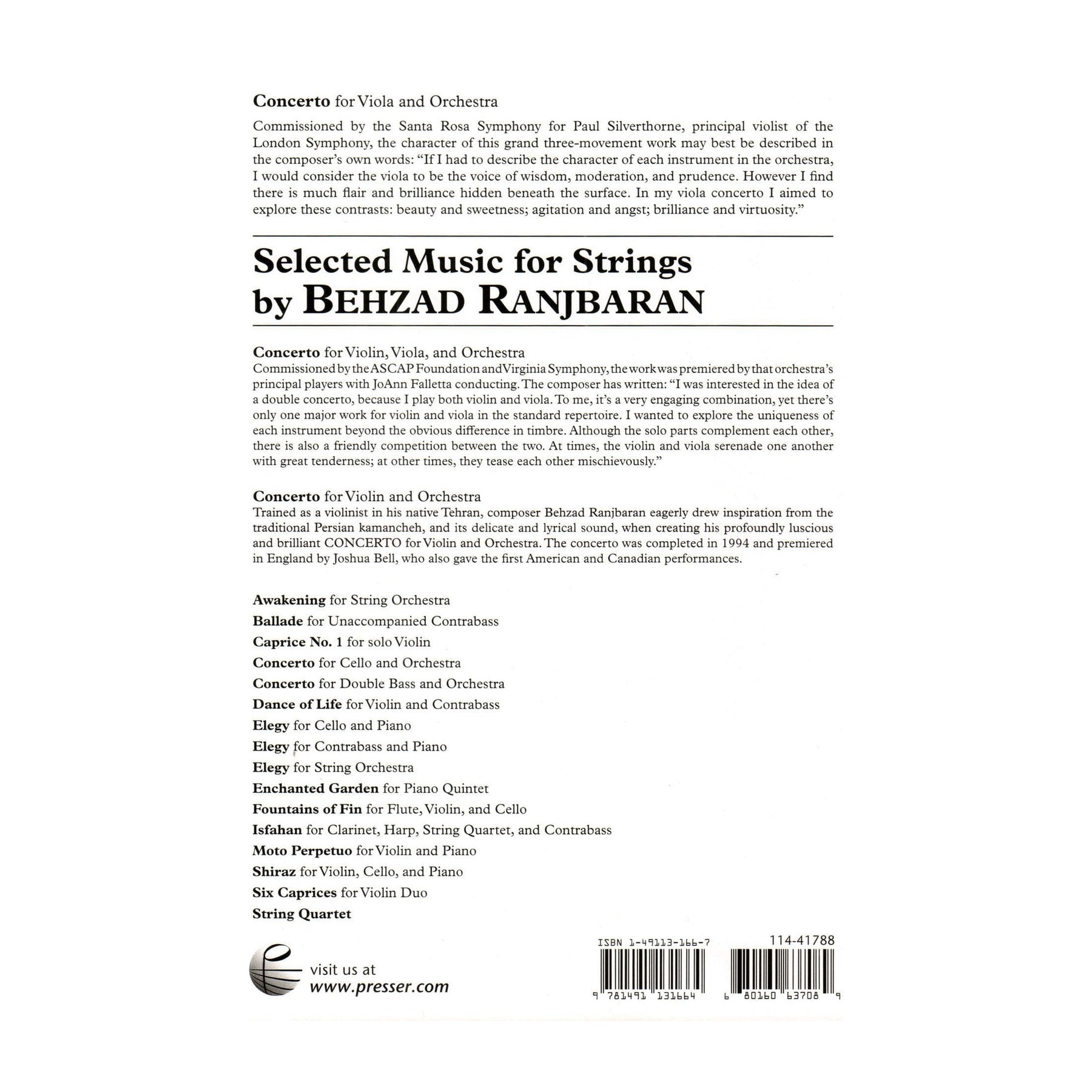 Ranjbaran, Behzad - Concerto for Viola and Orchestra - for Viola and Piano - Theodore Presser