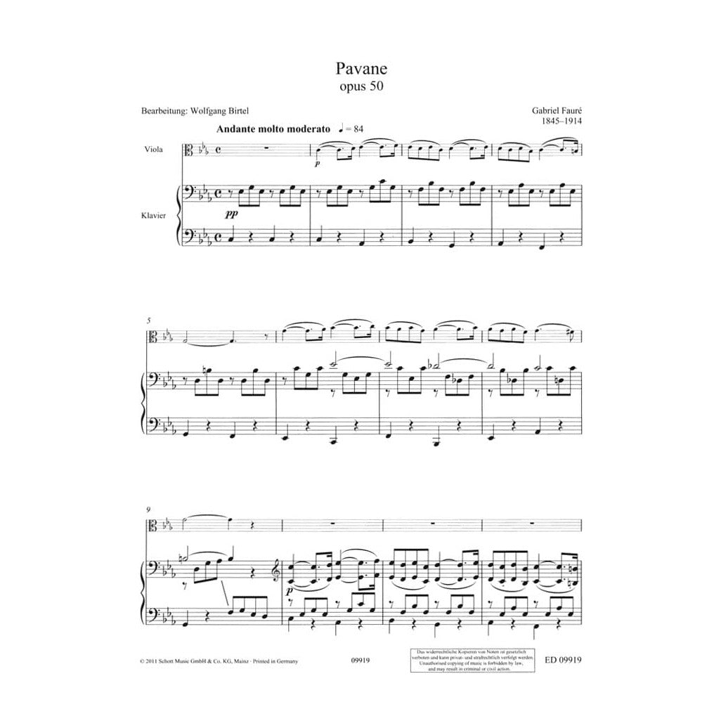 Faure, Gabriel - Pavane, Op 50 - for Viola and Piano - arranged by Wolfgang Birtel - Schott
