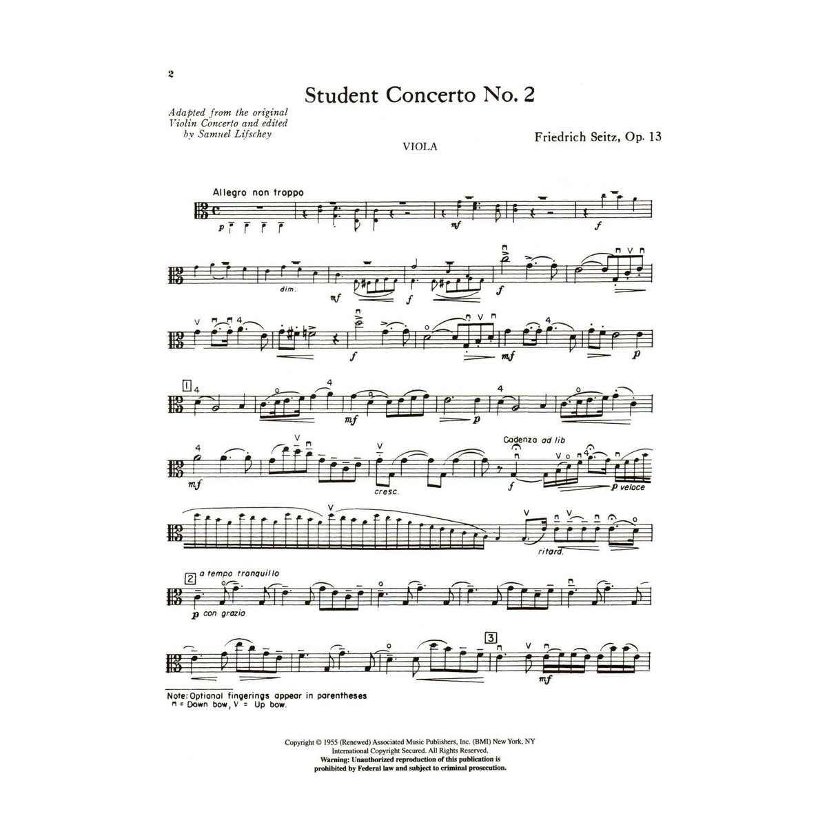 Seitz, Fritz (Friedrich) - Student's Concerto No 2 Op 13 For Viola in 1st Position and Piano Edited by Lifschey Published by Associated Music Publishers, Inc
