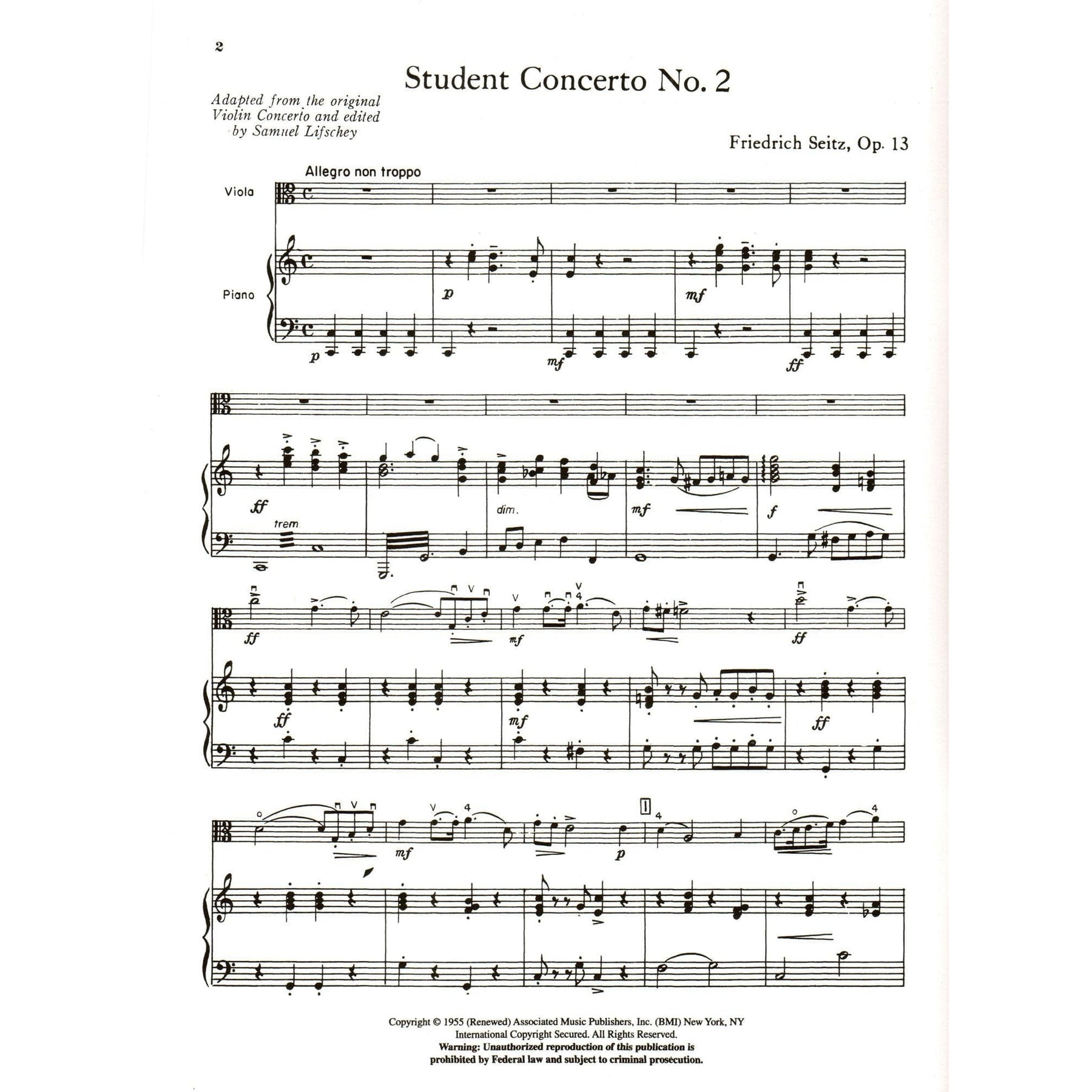 Seitz, Fritz (Friedrich) - Student's Concerto No 2 Op 13 For Viola in 1st Position and Piano Edited by Lifschey Published by Associated Music Publishers, Inc