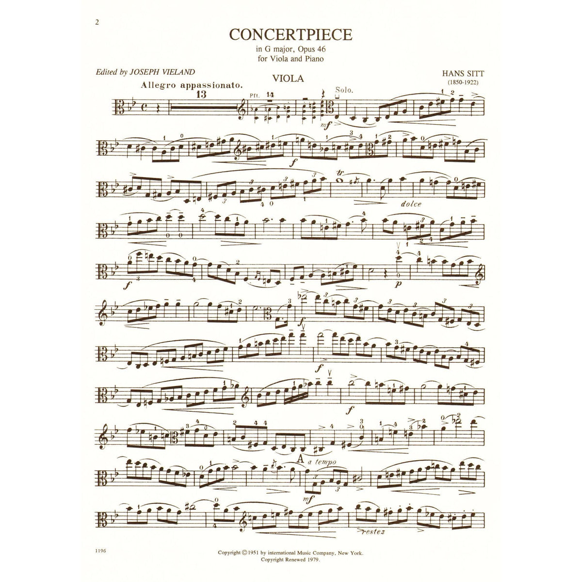 Sitt, Hans - Concertpiece In G Minor, Op 46 For Viola and Piano Published by International Music Company