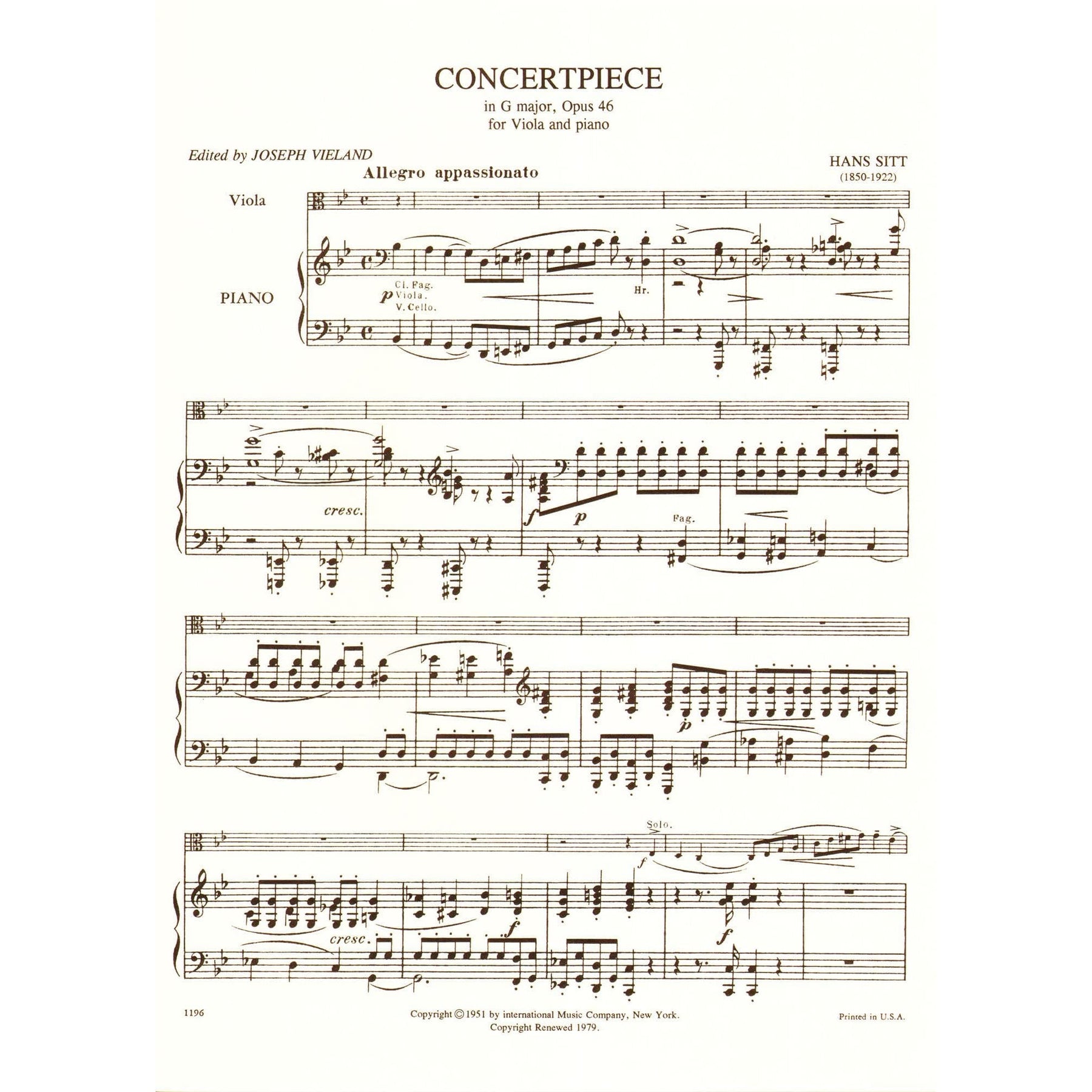 Sitt, Hans - Concertpiece In G Minor, Op 46 For Viola and Piano Published by International Music Company