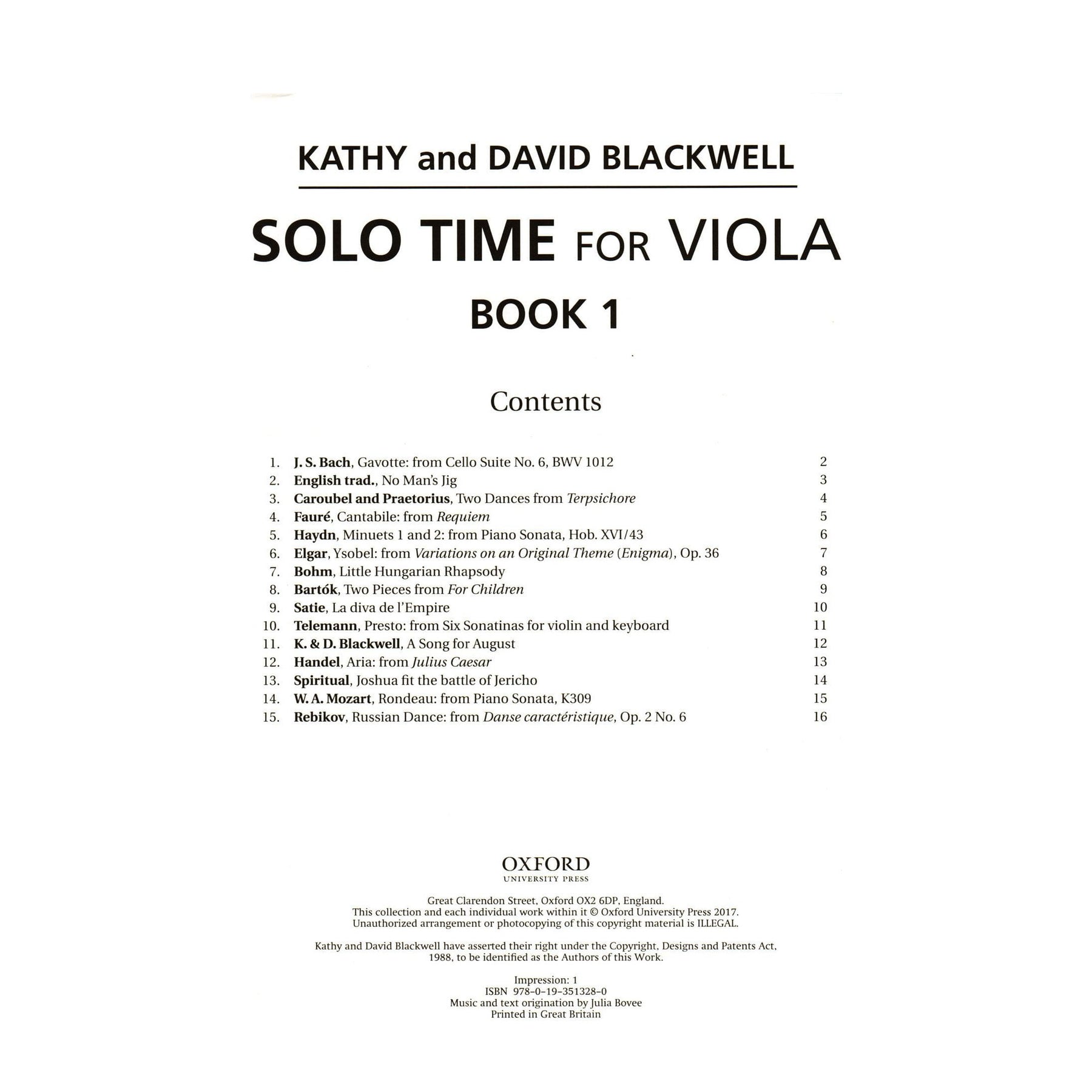 Solo Time for Viola - by Kathy and David Blackwell - Book 1 - for Viola and Piano - Oxford University Press