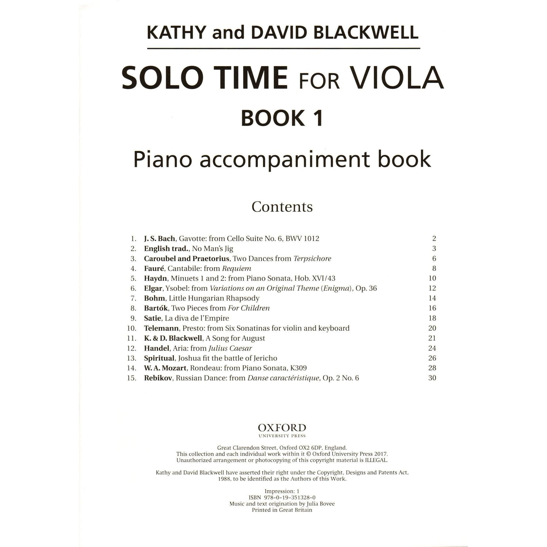 Solo Time for Viola - by Kathy and David Blackwell - Book 1 - for Viola and Piano - Oxford University Press