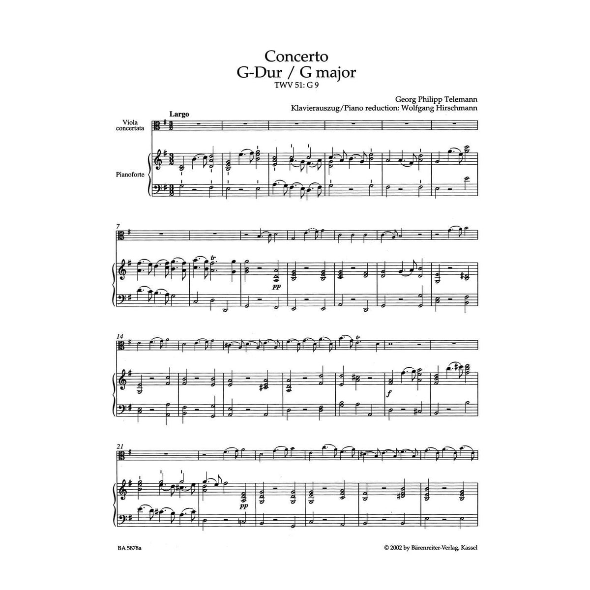 Telemann, Georg Philipp - Concerto in G Major, TWV 51:G9 - Viola and Piano - edited by Wolfgang Hirschmann - Bärenreiter Verlag URTEXT