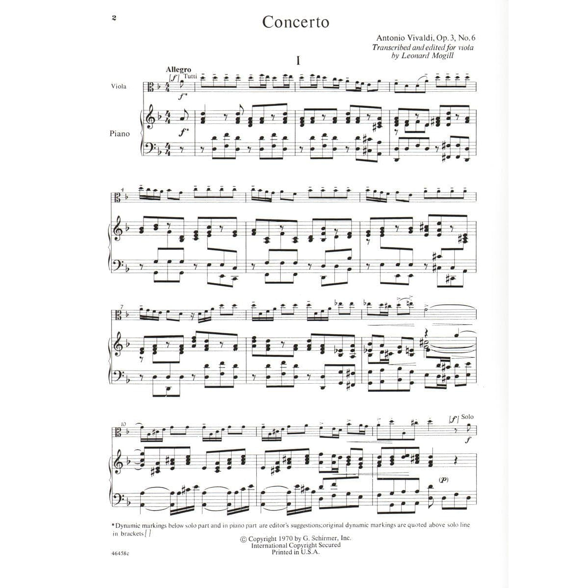 Vivaldi, Antonio - Concerto In d minor, Op 3, No 6, RV 356 For Viola Edited by Leonard Mogill Published by G Schirmer