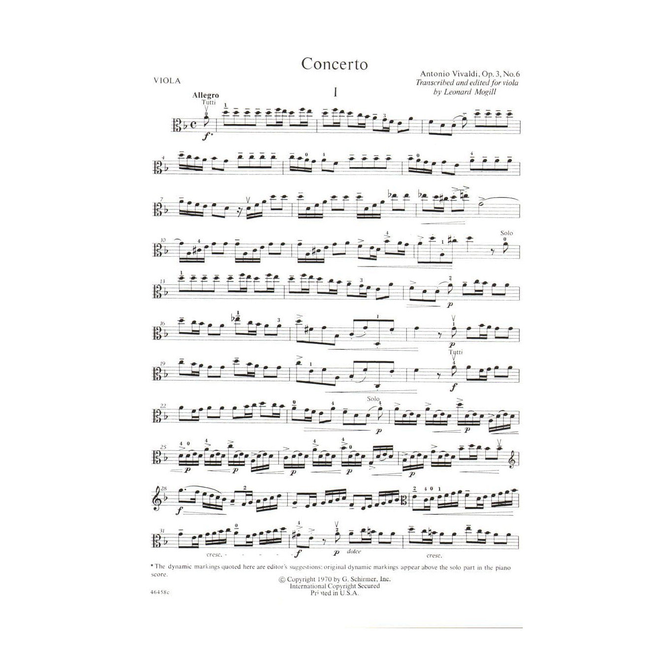 Vivaldi, Antonio - Concerto In d minor, Op 3, No 6, RV 356 For Viola Edited by Leonard Mogill Published by G Schirmer
