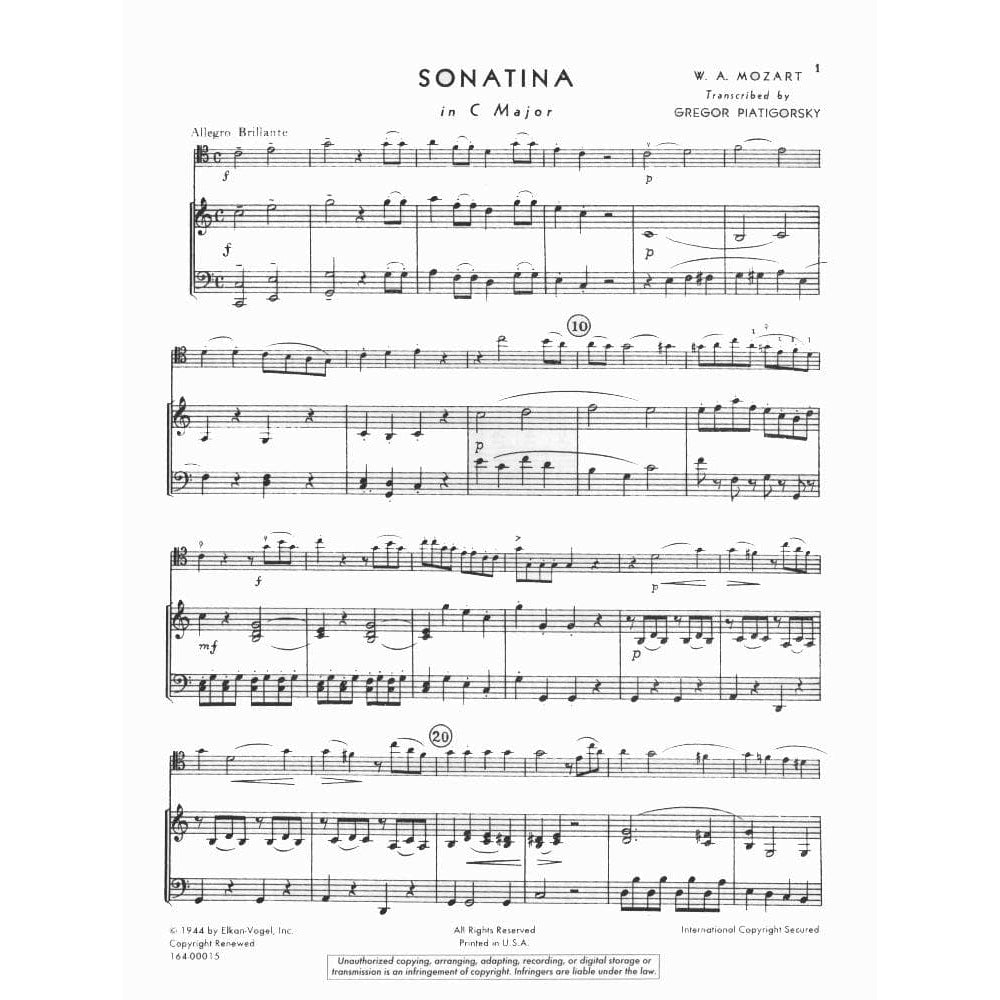 Mozart, WA - Sonatina in C Major - Viola and Piano - edited by Gregor Piatigorsky - Elkan-Vogel Edition