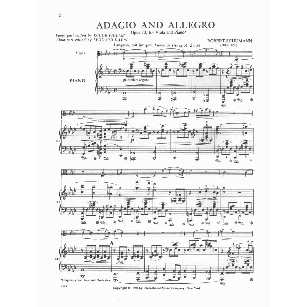 Schumann, Robert - Adagio and Allegro, Op 70 For Viola and Piano Published by International Music Company