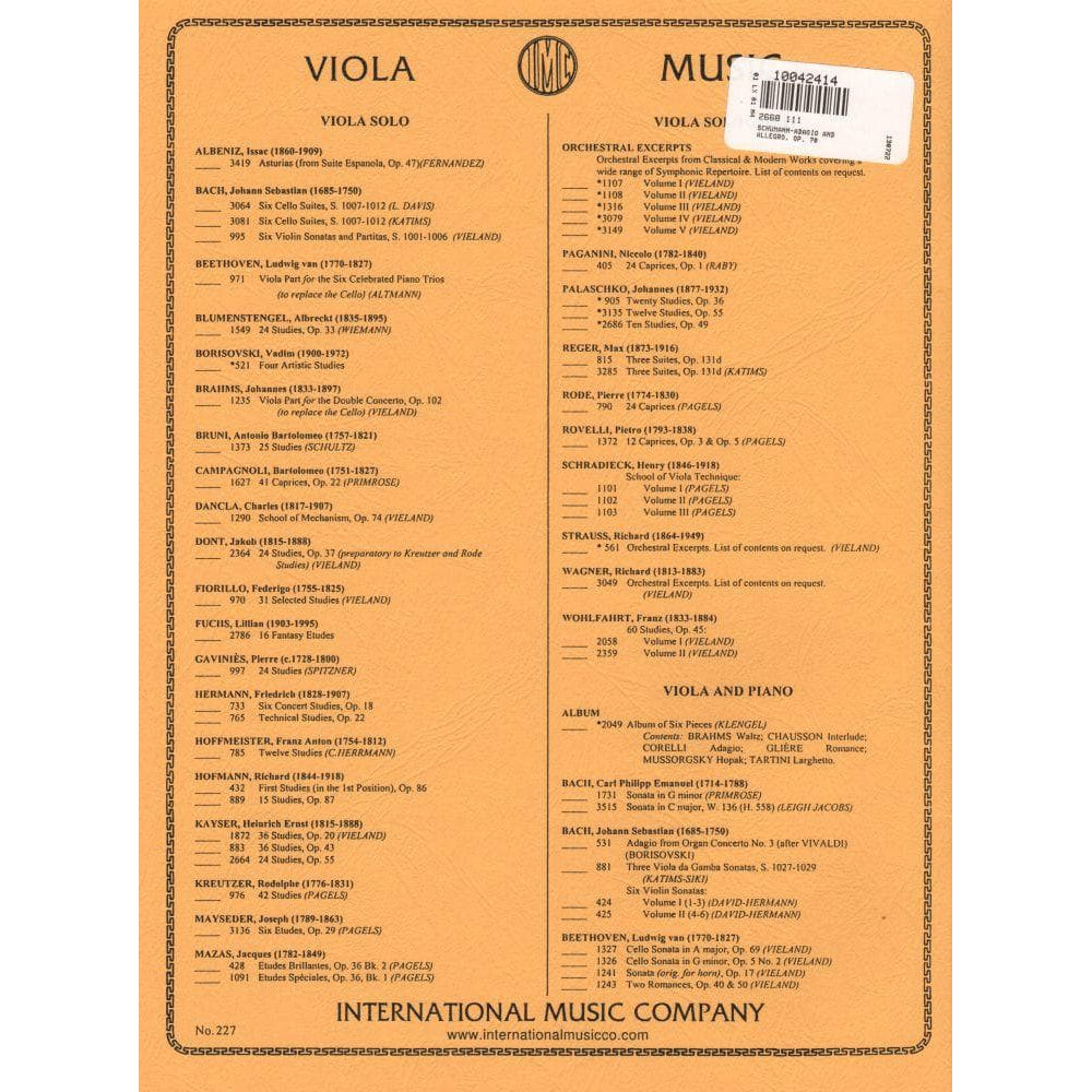 Schumann, Robert - Adagio and Allegro, Op 70 For Viola and Piano Published by International Music Company