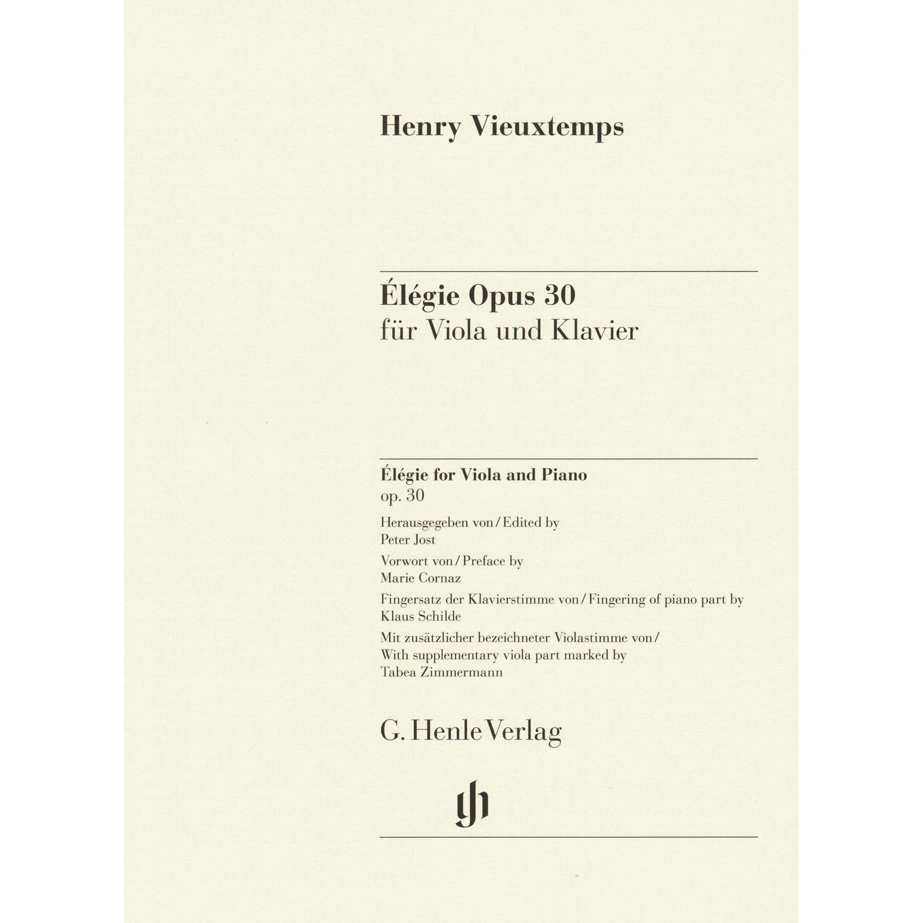 Vieuxtemps, Henri - Elegie, Opus 30 - for Viola and Piano - edited by Jost and Zimmermann - G Henle URTEXT