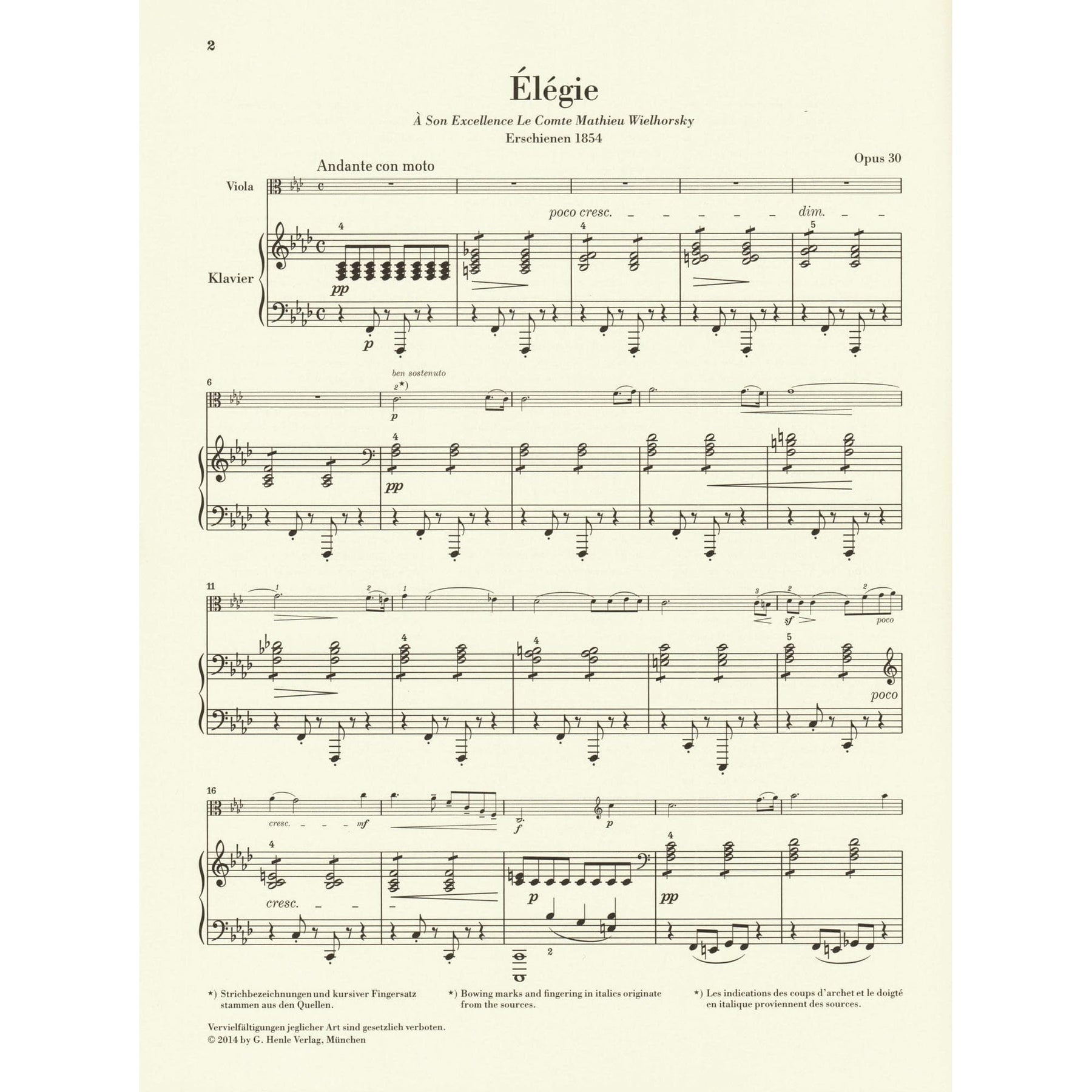 Vieuxtemps, Henri - Elegie, Opus 30 - for Viola and Piano - edited by Jost and Zimmermann - G Henle URTEXT