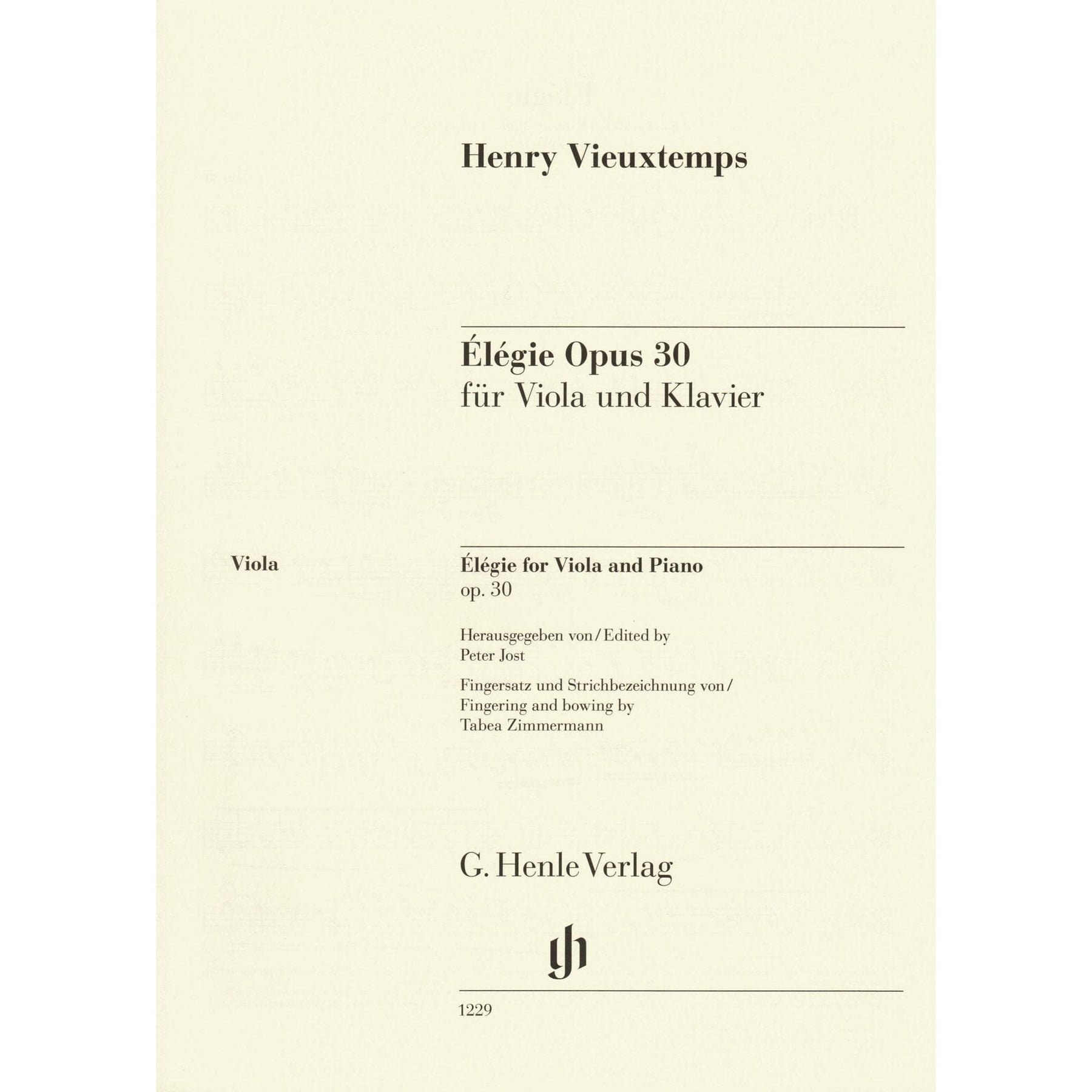 Vieuxtemps, Henri - Elegie, Opus 30 - for Viola and Piano - edited by Jost and Zimmermann - G Henle URTEXT