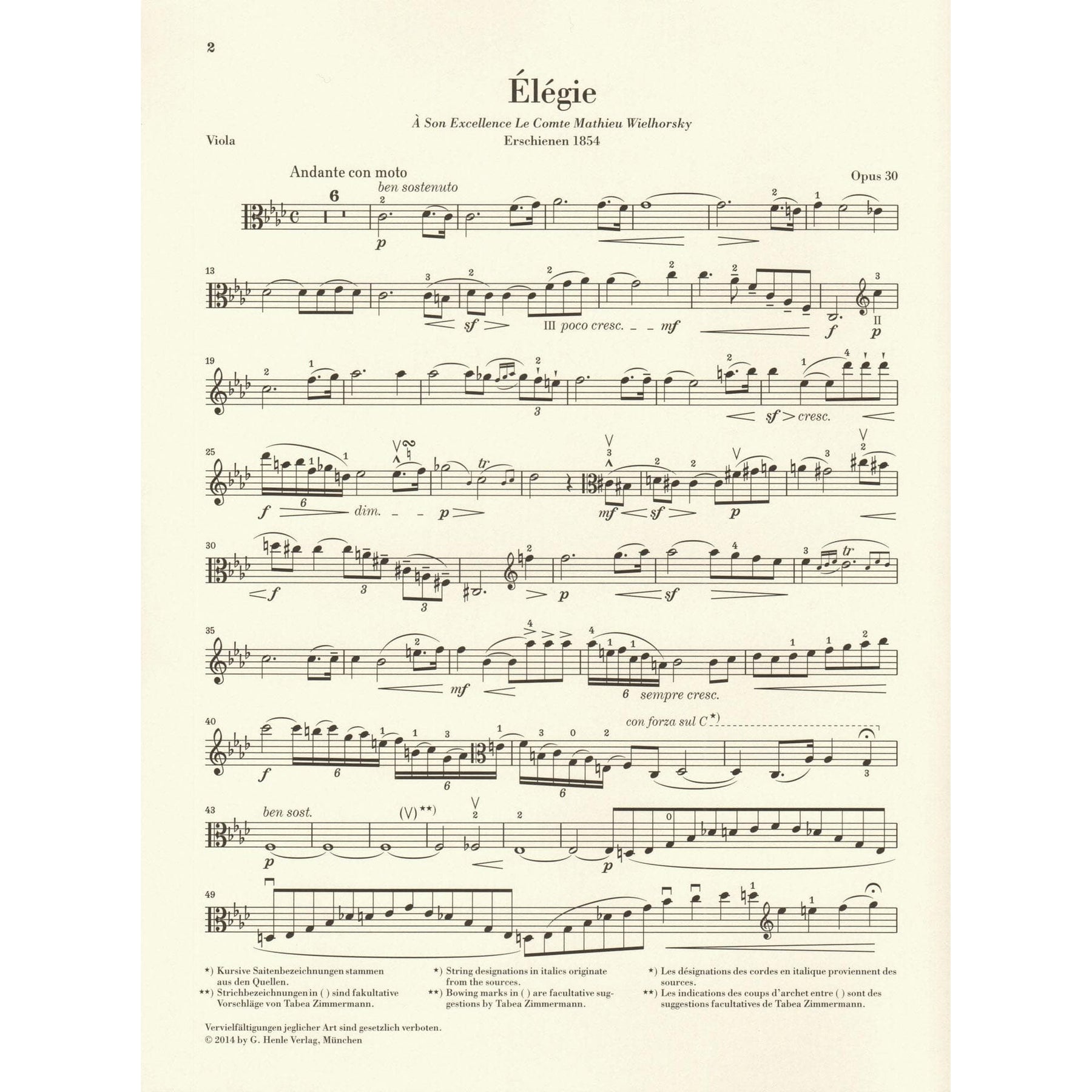 Vieuxtemps, Henri - Elegie, Opus 30 - for Viola and Piano - edited by Jost and Zimmermann - G Henle URTEXT