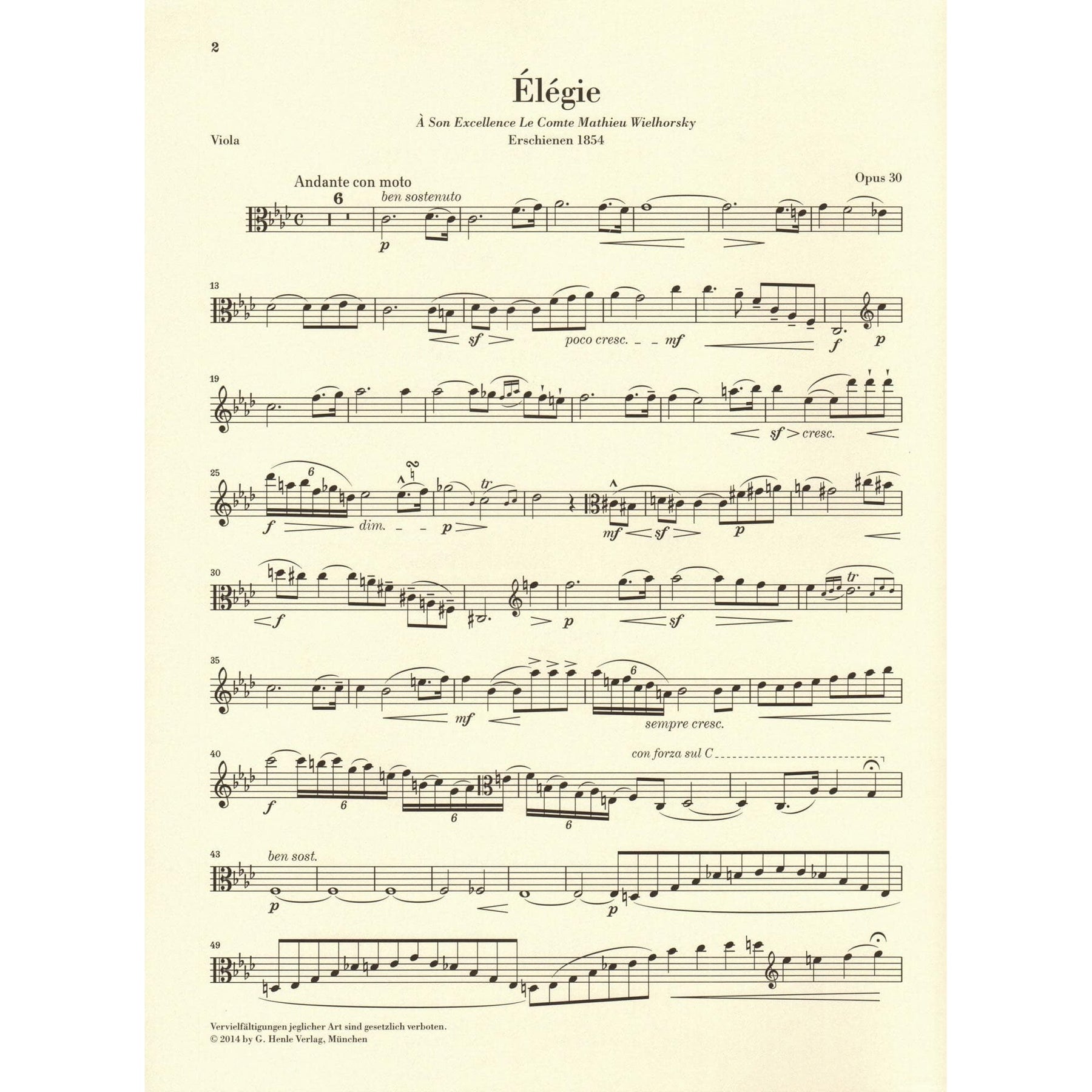 Vieuxtemps, Henri - Elegie, Opus 30 - for Viola and Piano - edited by Jost and Zimmermann - G Henle URTEXT