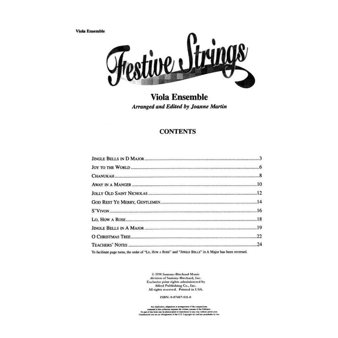 Martin, Joanne - Festive Strings for Viola Ensemble - Four Violas - Alfred Music Publishing