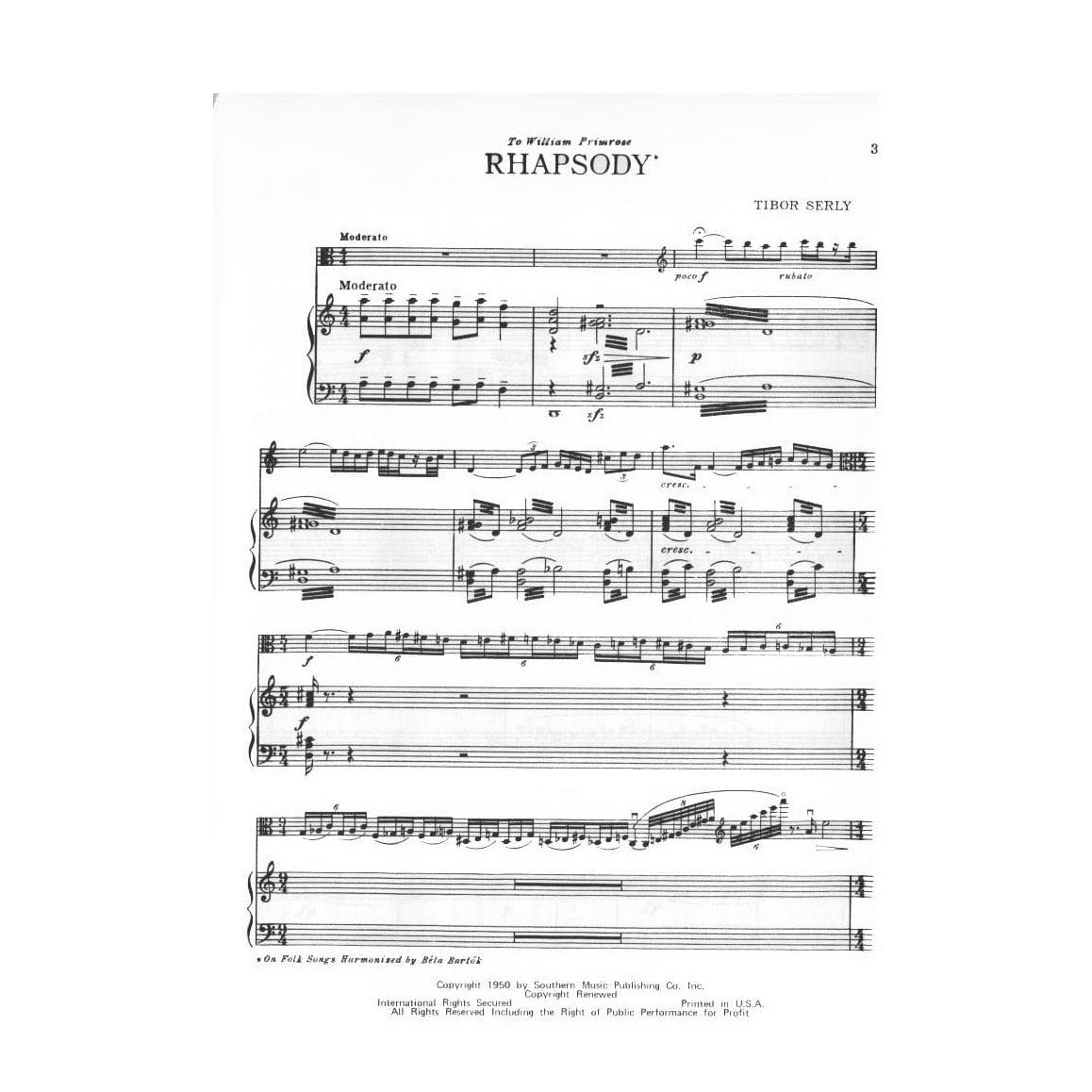 Serly - Rhapsody For Viola and Orchestra Published by Peer Music