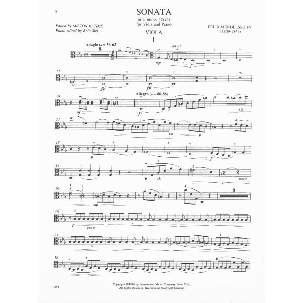 Mendelssohn, Felix - Sonata in c minor (1824) - Viola and Piano - edited by Milton Katims and Béla Siki - International Music Co