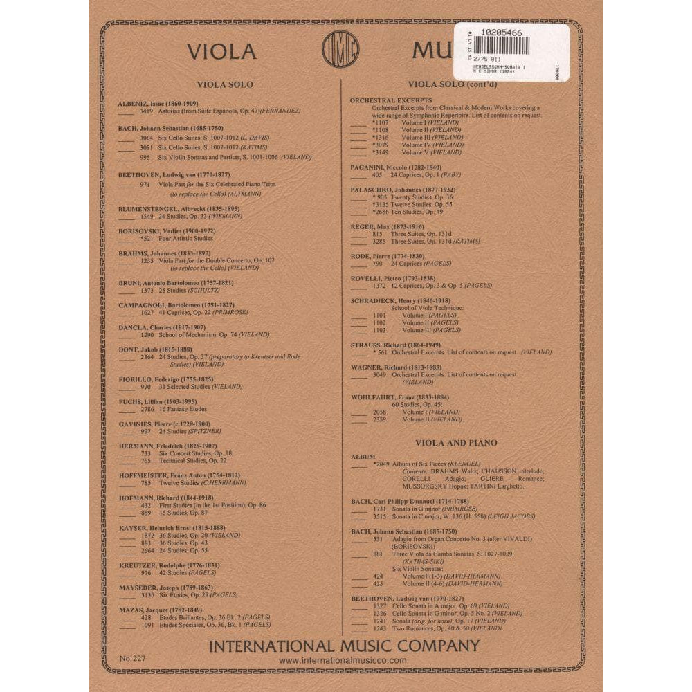 Mendelssohn, Felix - Sonata in c minor (1824) - Viola and Piano - edited by Milton Katims and Béla Siki - International Music Co