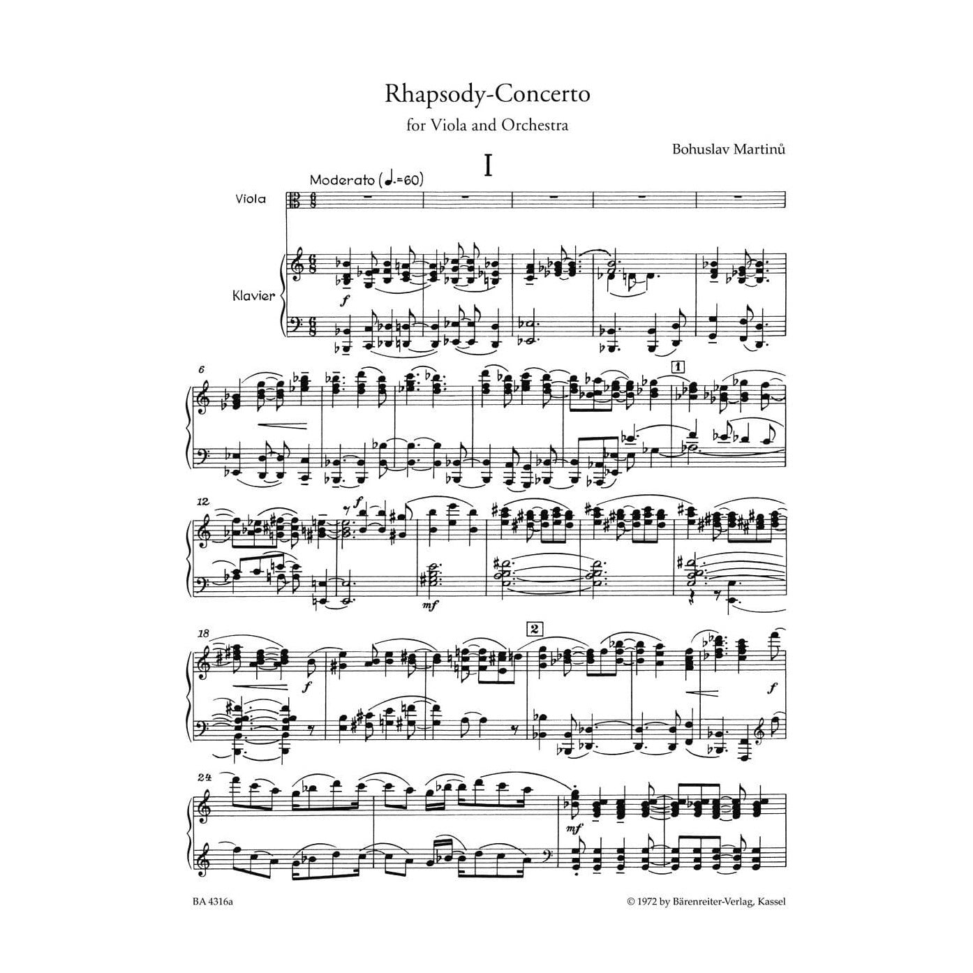 Martinů, Bohuslav - Rhapsody Concerto for Viola, Op 337 (1952) - Viola and Piano - Bärenreiter Verlag