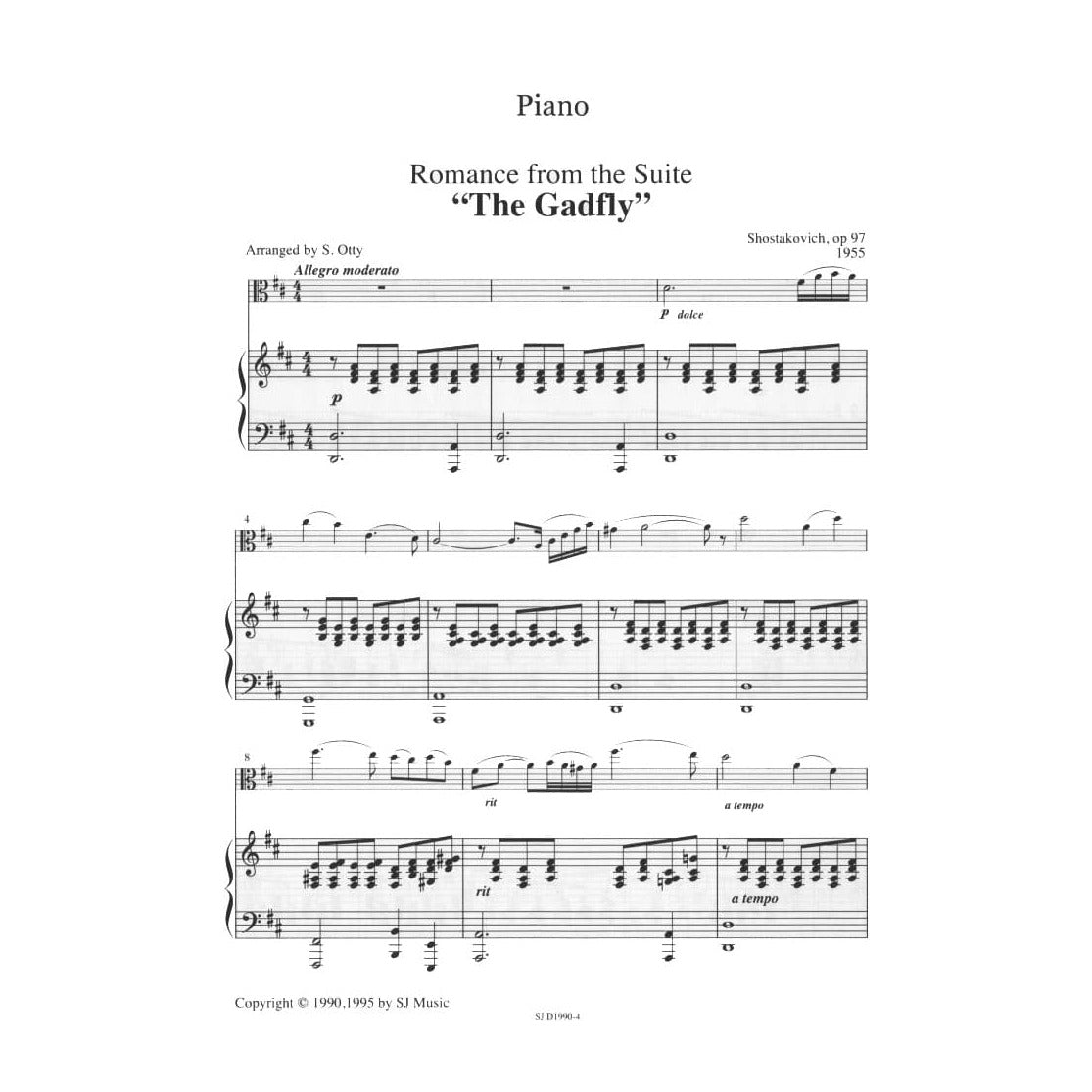 Shostakovich, Dmitri - Romance from the Suite "The Gadfly" - Viola and Piano - arranged by Sue Otty - SJ Music Edition