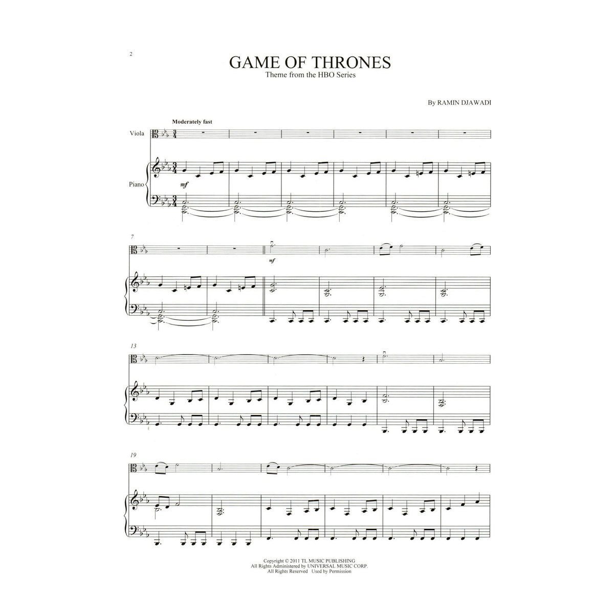 Game of Thrones Theme - for Viola and Piano - Hal Leonard