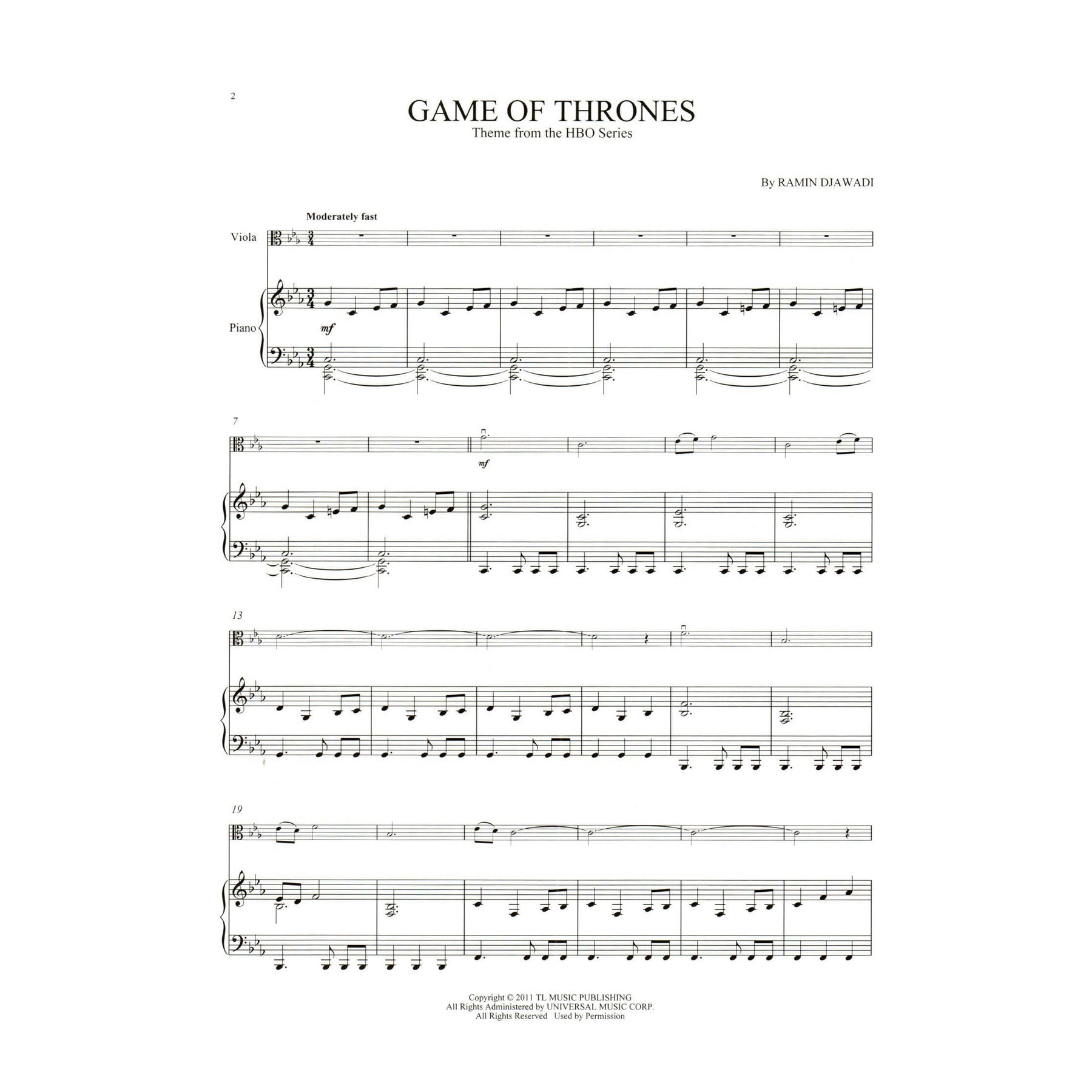 Game of Thrones Theme - for Viola and Piano - Hal Leonard