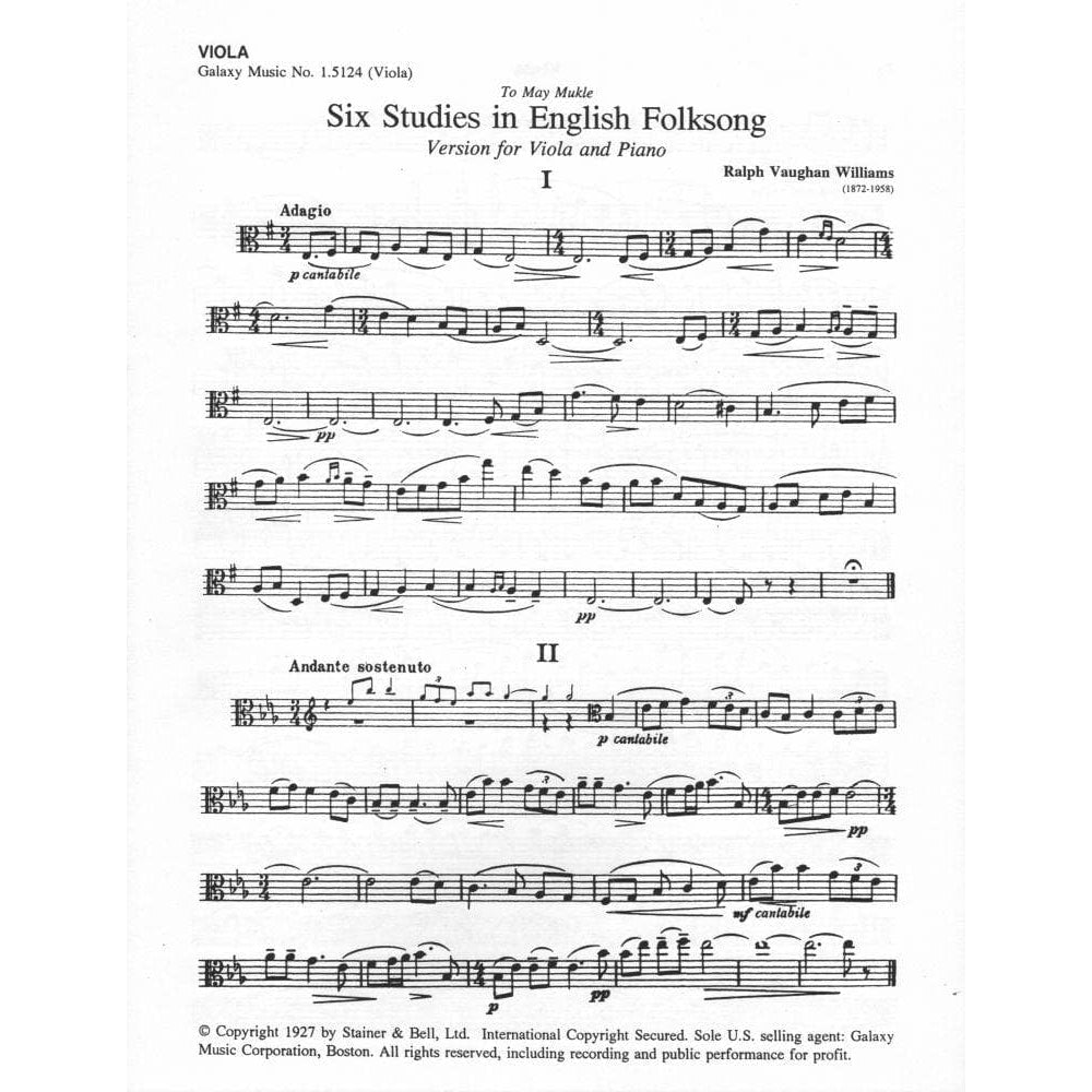 Vaughan Williams, Ralph - Six Studies in English Folksong - Viola and Piano - Galaxy Music Corporation
