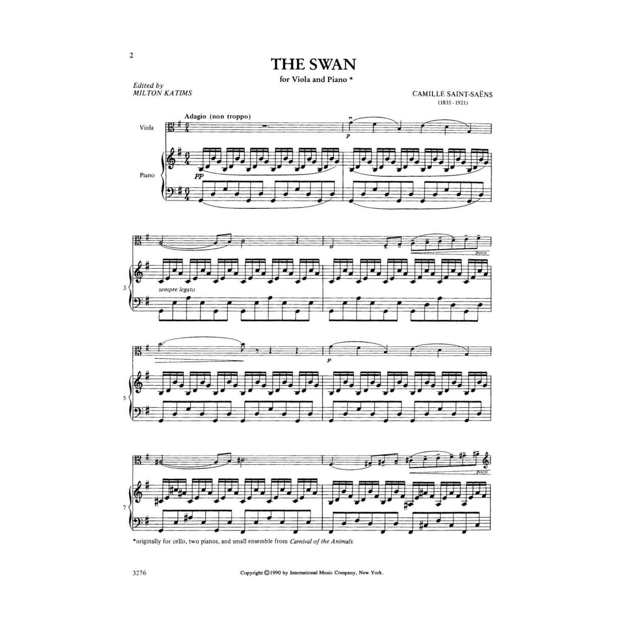 Saint-Saens, Camille - The Swan(from Carnival of the Animals) For Viola and Piano Edited by Milton Katims Published by International Music Company