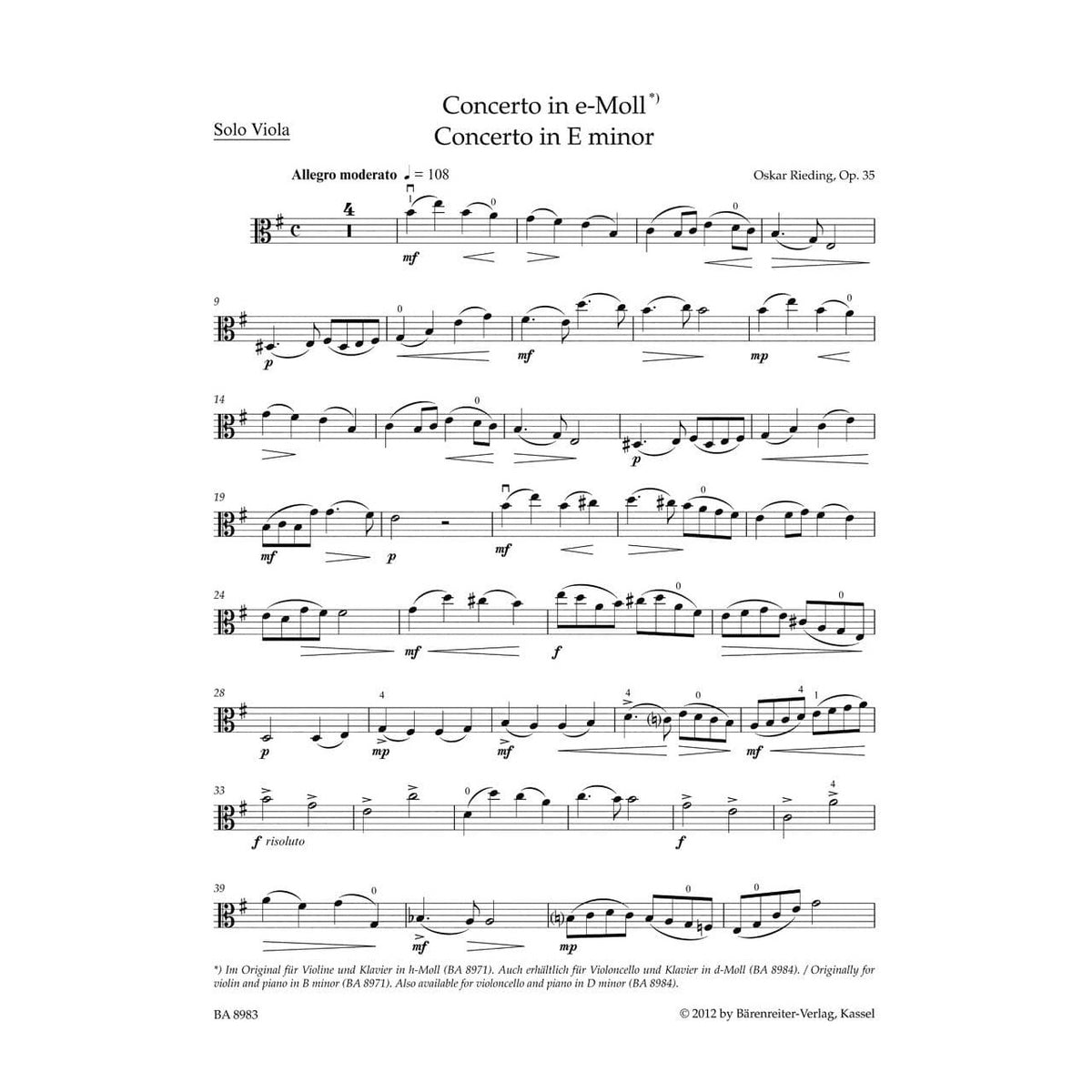 Rieding, Oskar - Concerto in B Minor, Op 35 - for Viola and Piano - edited by Kurt Sassmannshaus - Bärenreiter