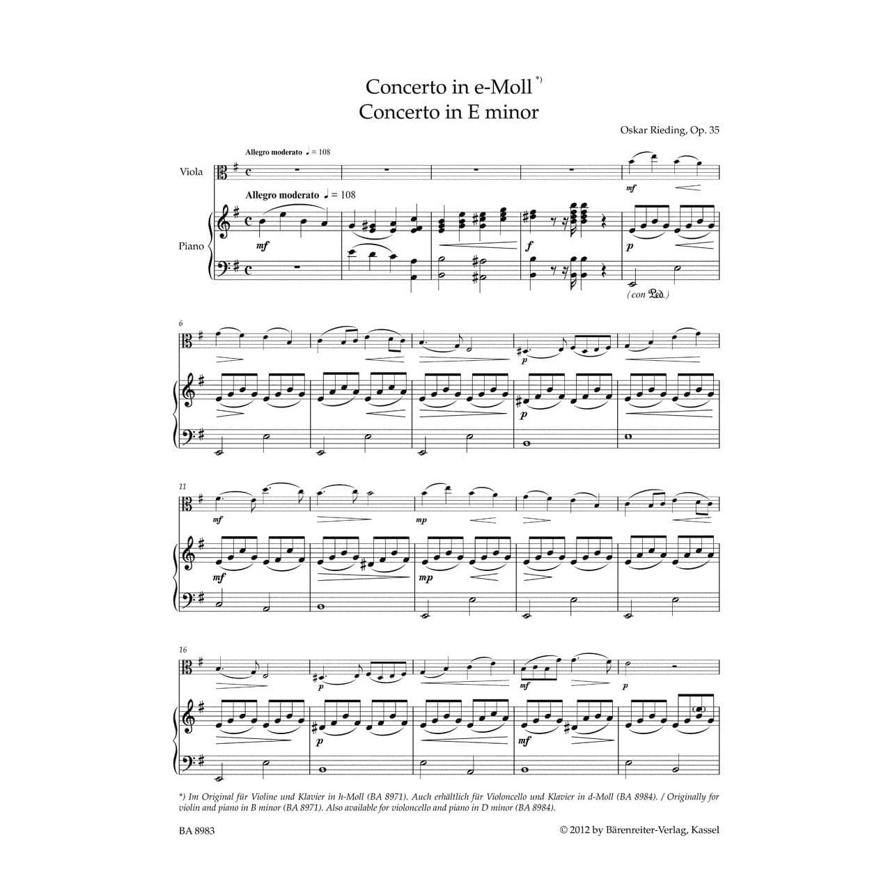 Rieding, Oskar - Concerto in B Minor, Op 35 - for Viola and Piano - edited by Kurt Sassmannshaus - Bärenreiter