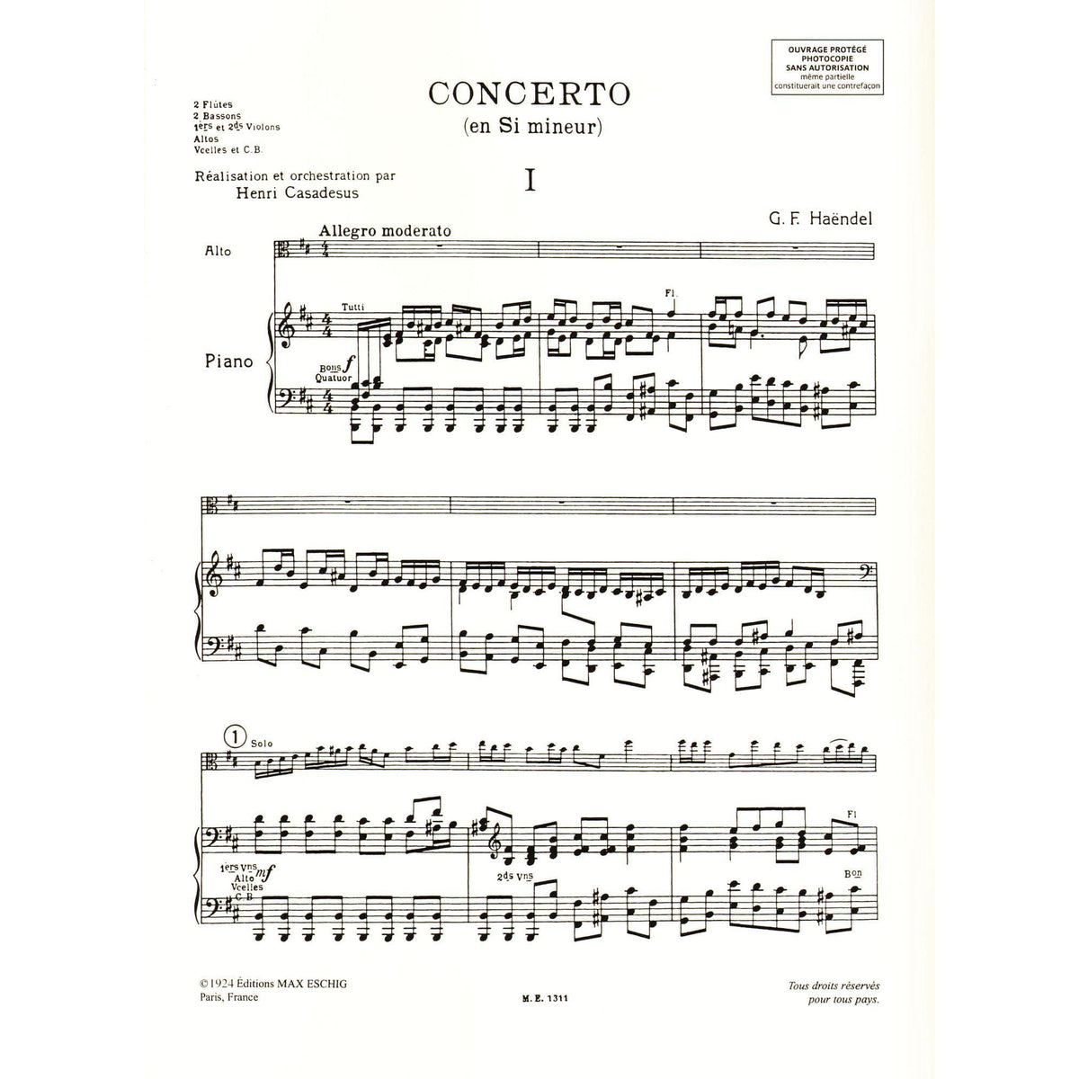 Handel, George Frideric - Concerto in B minor - Viola and Piano - edited by Henri Casadesus - Editions Durand