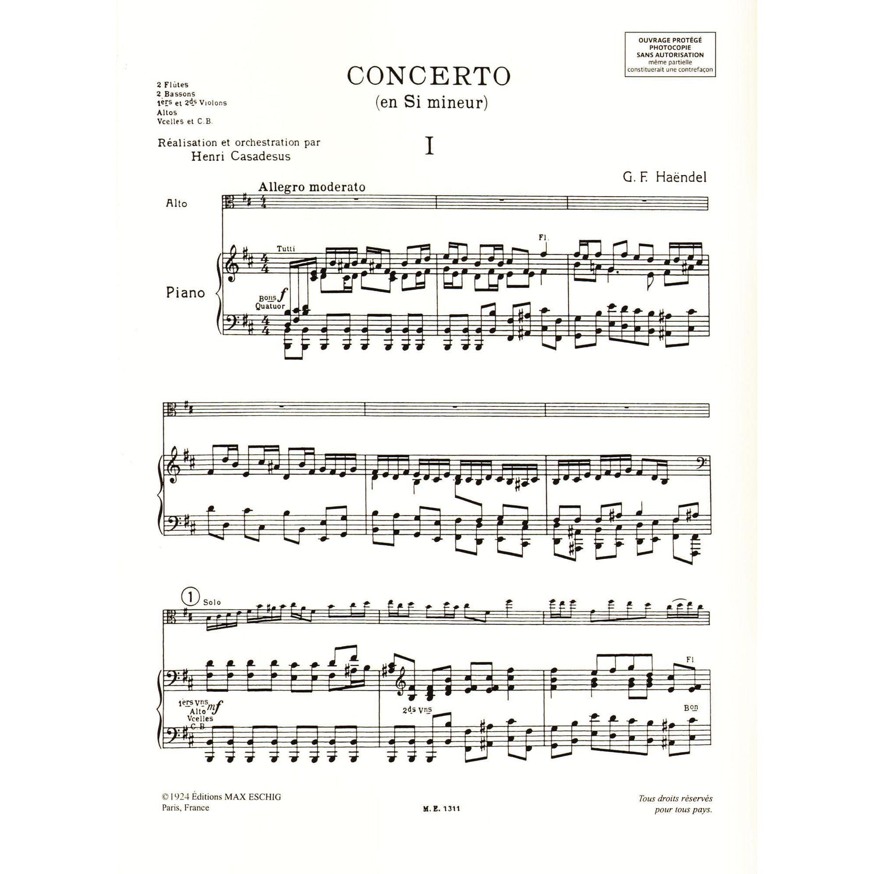 Handel, George Frideric - Concerto in B minor - Viola and Piano - edited by Henri Casadesus - Editions Durand