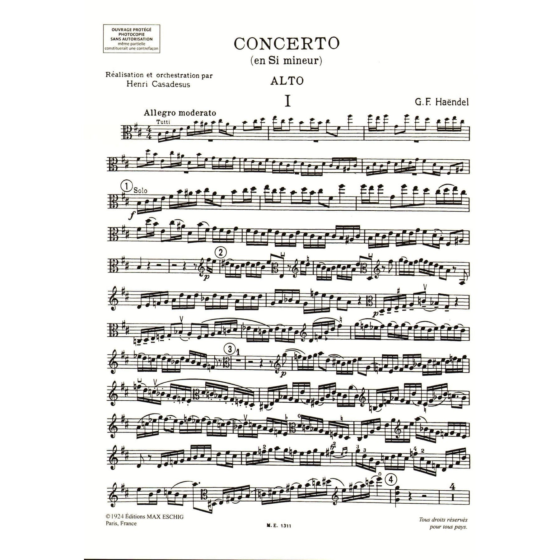 Handel, George Frideric - Concerto in B minor - Viola and Piano - edited by Henri Casadesus - Editions Durand