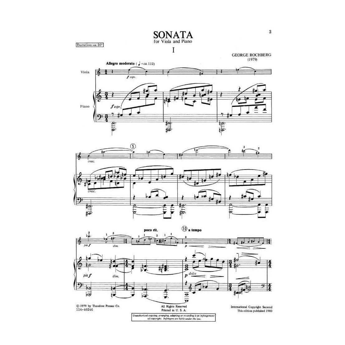 Rochberg, George - Sonata ( 1979 ) For Viola and Piano Published by Theodore Presser Company