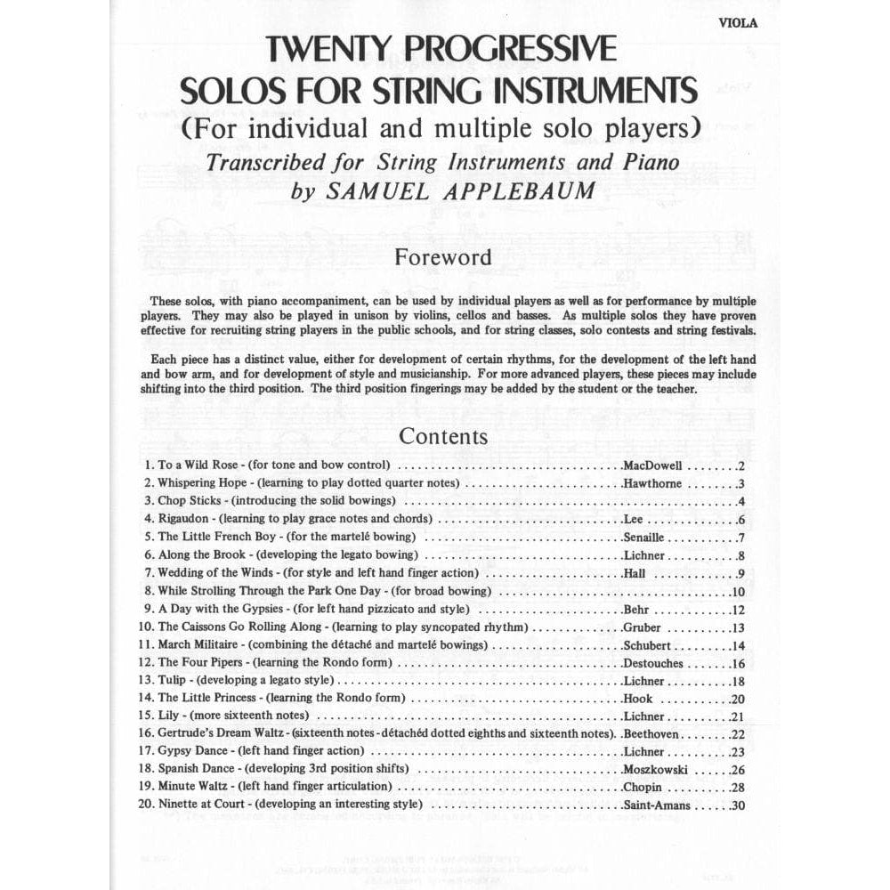 Applebaum, Samuel -20 Progressive Solos For String Instruments for Viola - Belwin/Mills Publication