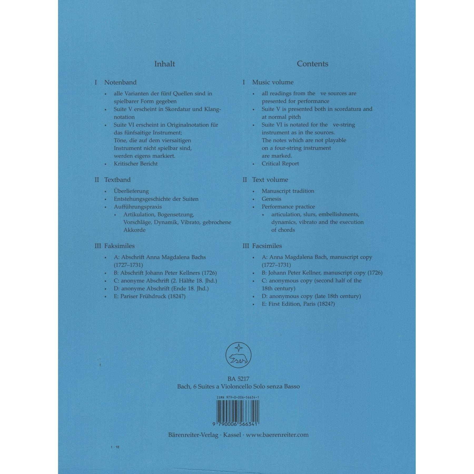 Bach, JS - 6 Suites BWV 1007 1012 for Cello - Arranged by Schwemer/Woodfull-Harris - Barenreiter Verlag URTEXT Edition