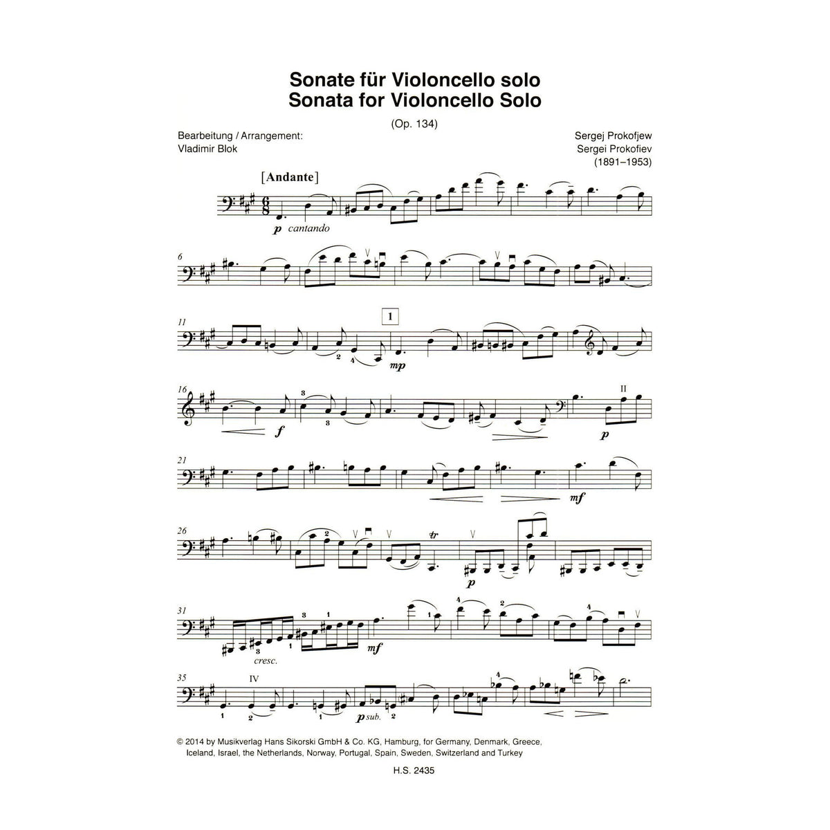 Prokofiev, Sergei - Sonata for Solo Cello, Op. 134 - arranged by Vladimir Blok - Edition Sikorski