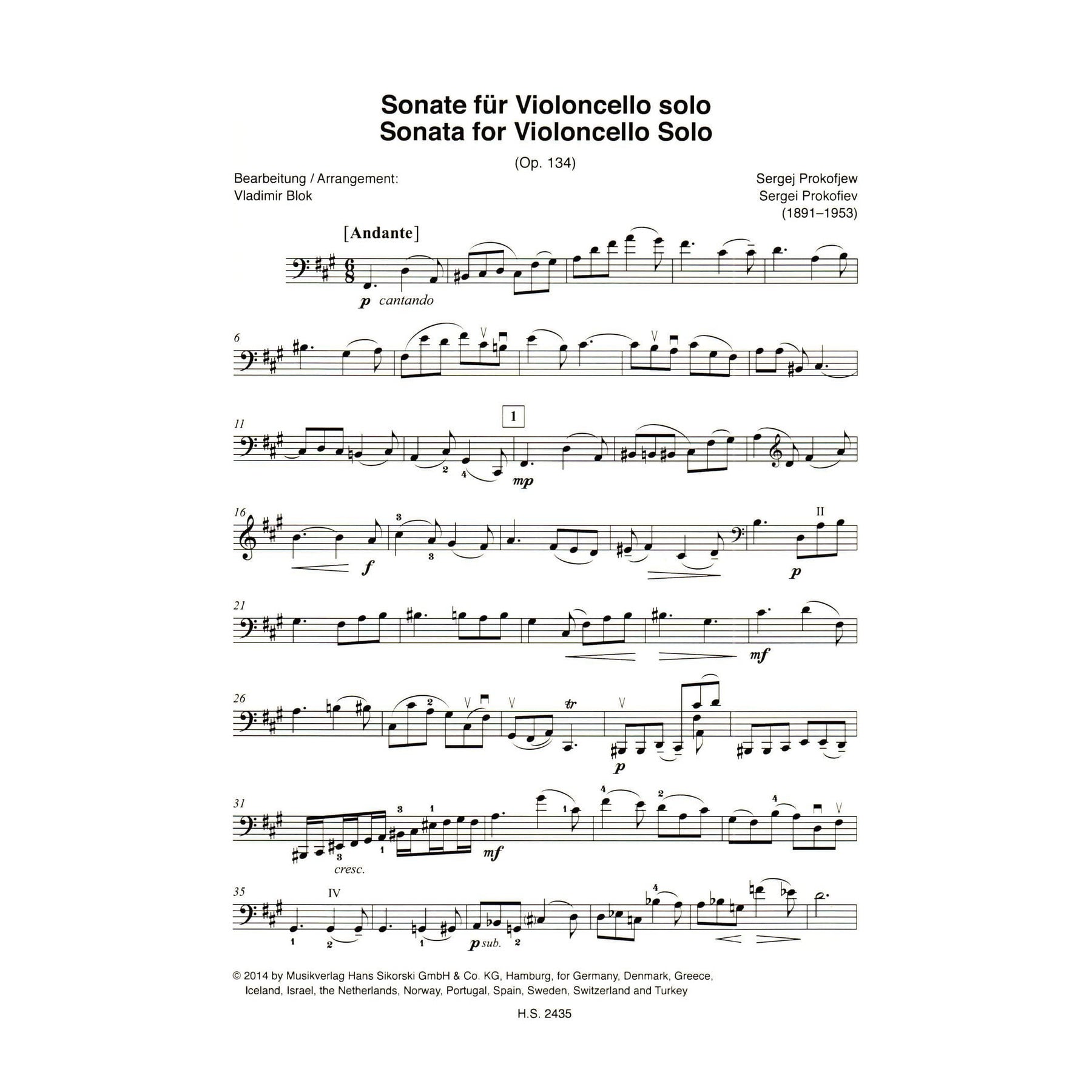 Prokofiev, Sergei - Sonata for Solo Cello, Op. 134 - arranged by Vladimir Blok - Edition Sikorski