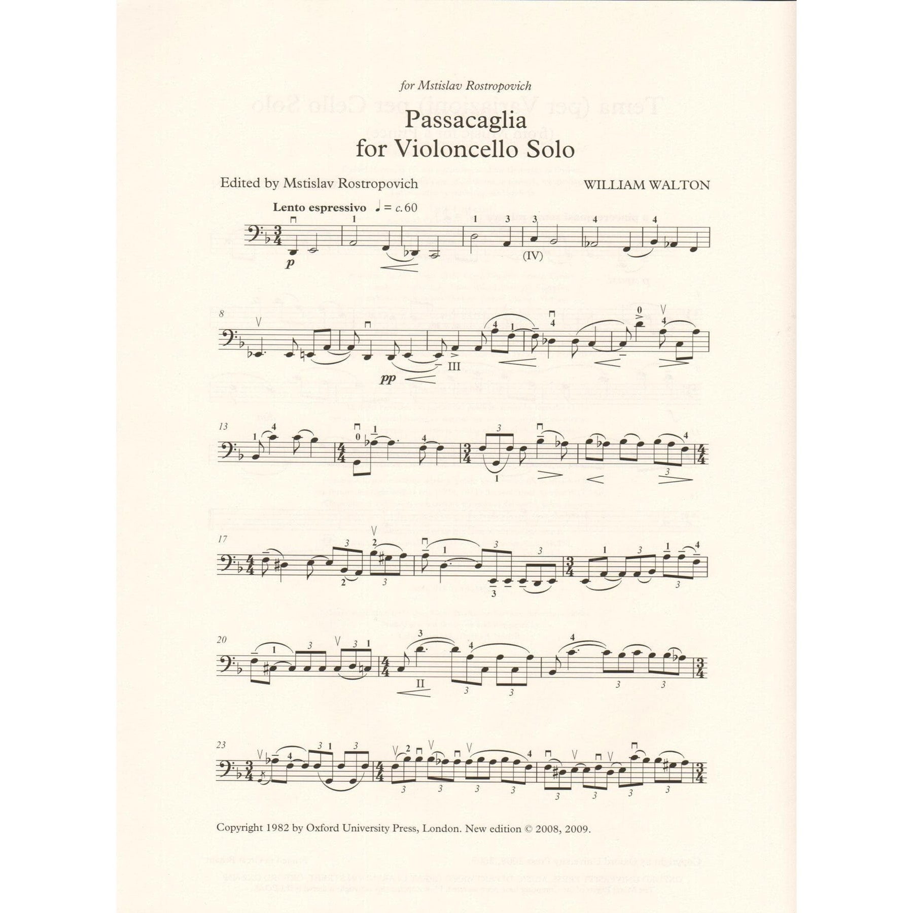 Walton, William - Two Pieces for Solo Cello (Tema per Variazioni & Passacaglia) - edited by Hugh MacDonald - Oxford University Press