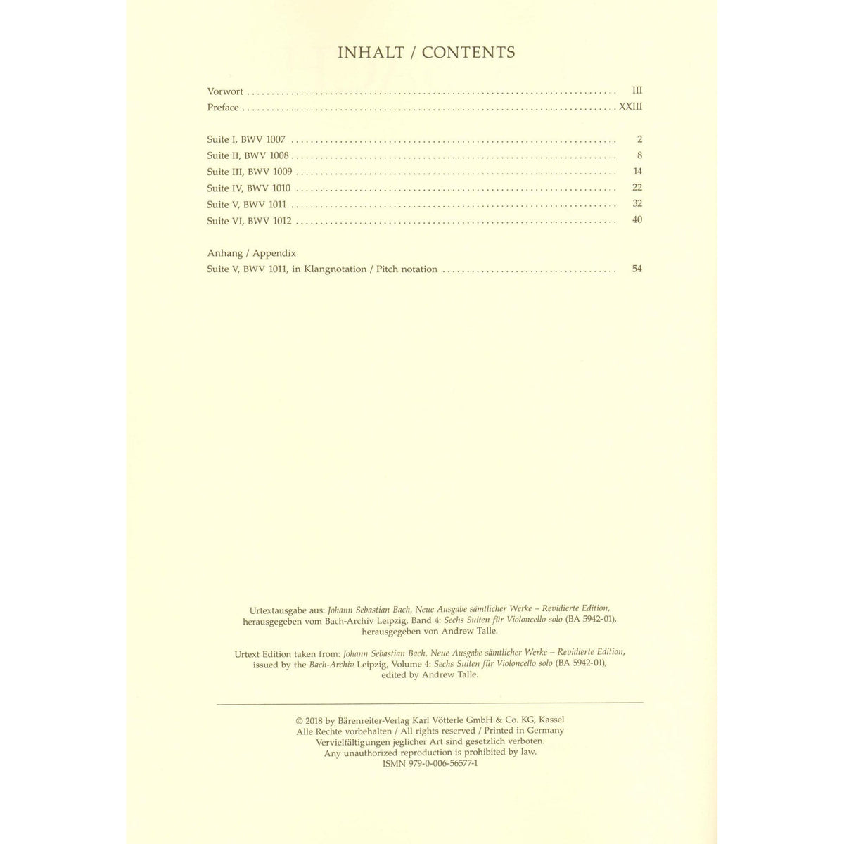 Bach, JS - 6 Suites, BWV 1007 1012 - Cello solo - edited by Andrew Talle - Bärenreiter Verlag URTEXT