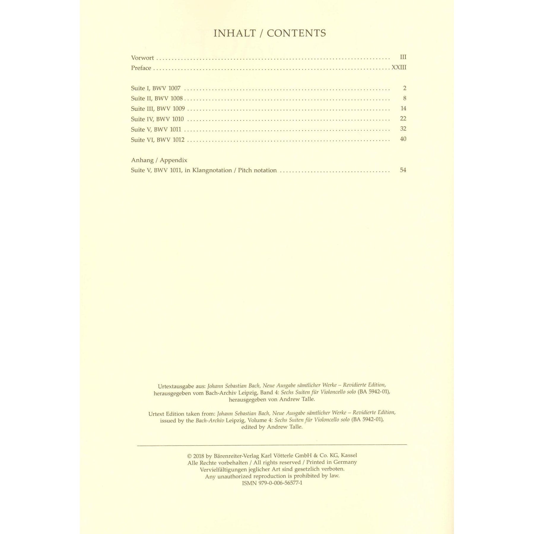 Bach, JS - 6 Suites, BWV 1007 1012 - Cello solo - edited by Andrew Talle - Bärenreiter Verlag URTEXT