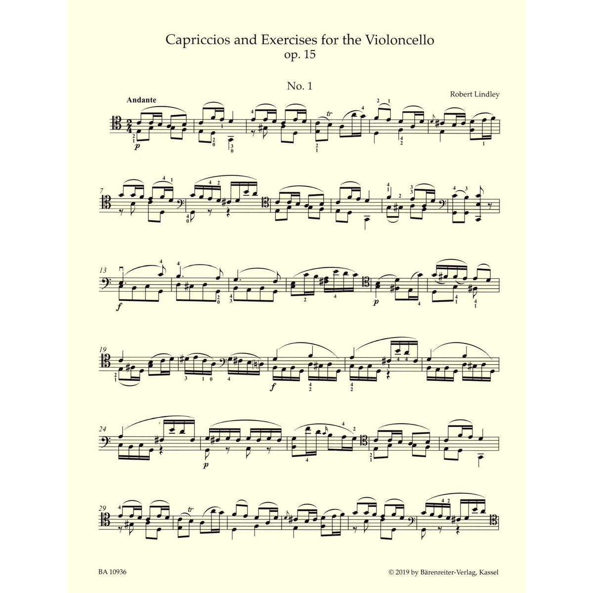 Lindley, Robert - Capriccios and Exercises, Op 15 - for Solo Cello - edited by Valerie Walden - Barenreiter URTEXT