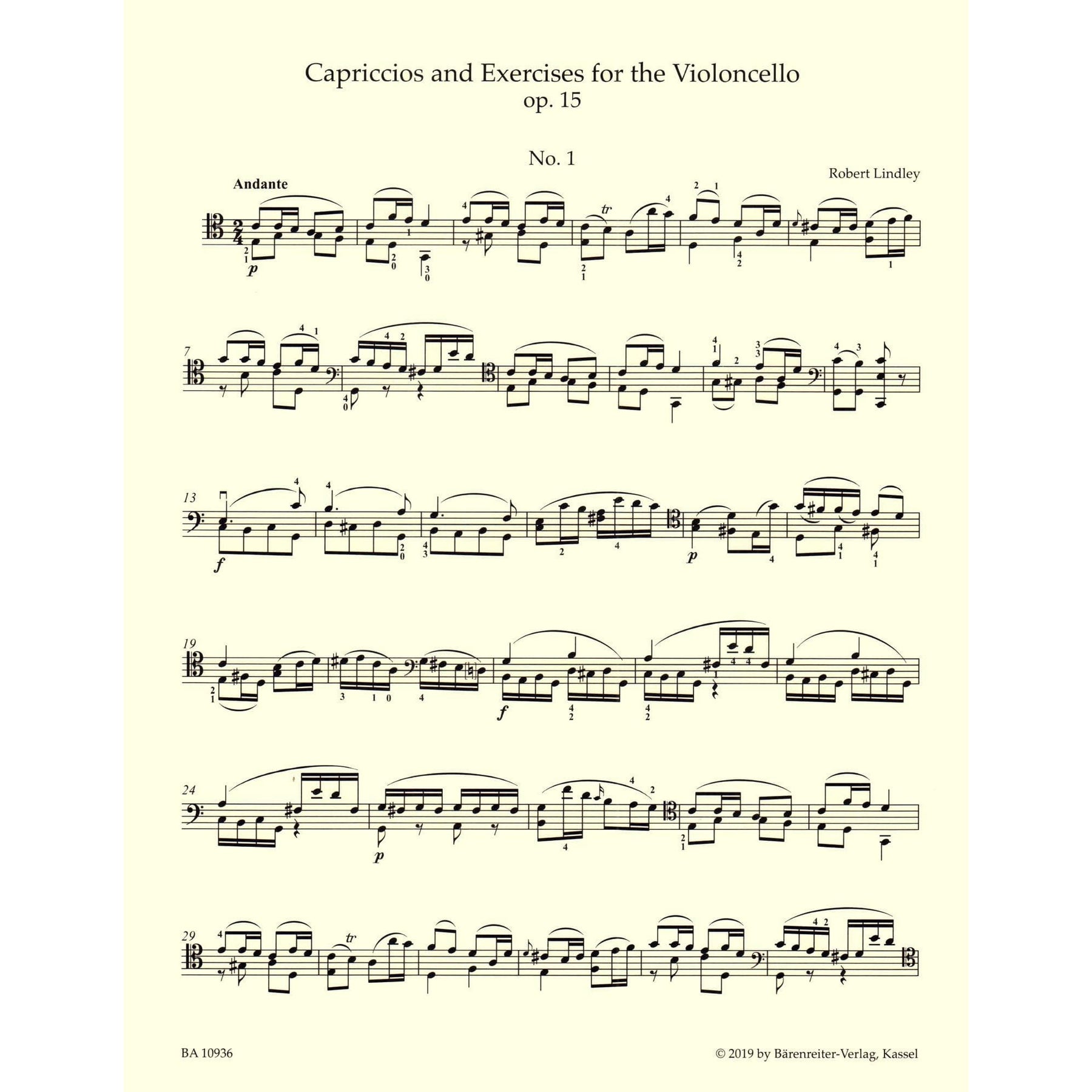 Lindley, Robert - Capriccios and Exercises, Op 15 - for Solo Cello - edited by Valerie Walden - Barenreiter URTEXT