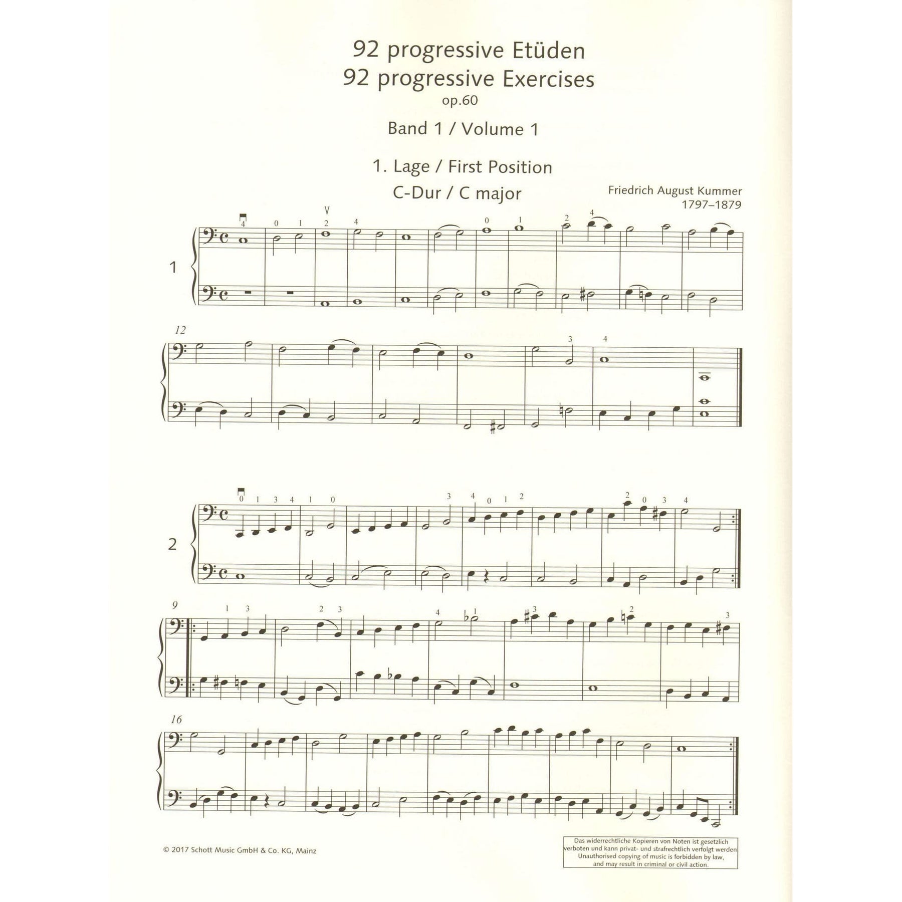 Kummer, FA - 92 Progressive Exercises, Op 60, Volume 1 for Cello - Schott Edition
