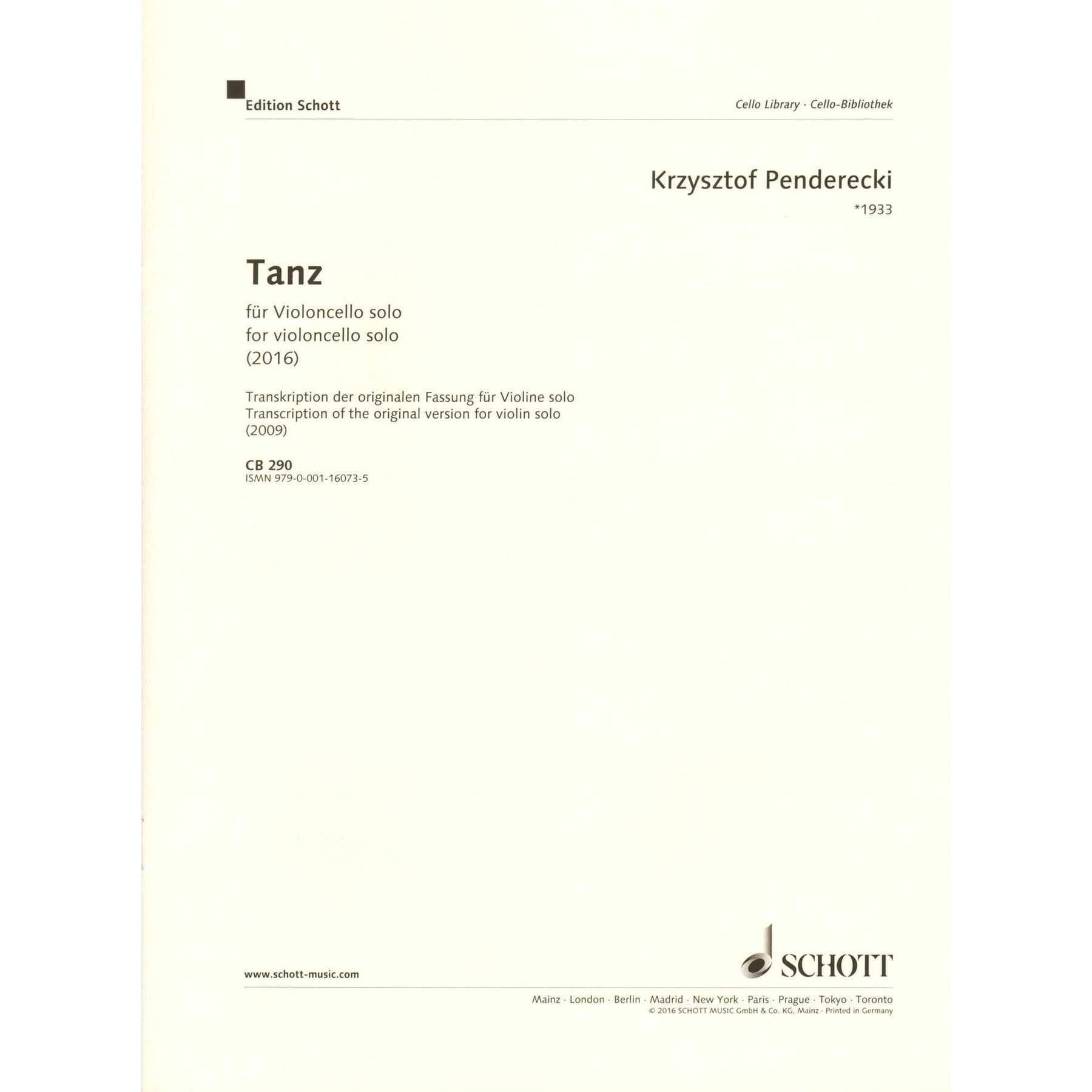 Penderecki, Krzysztof - Tanz - transcription for Solo Cello - Edition Schott