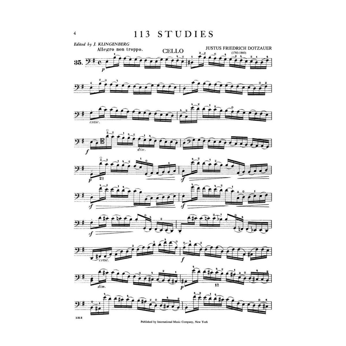 Dotzauer, J Friedrich - 113 Studies for Solo Cello, Volume 2 (Nos 35-62) - edited by Johannes Klingenberg - International Edition