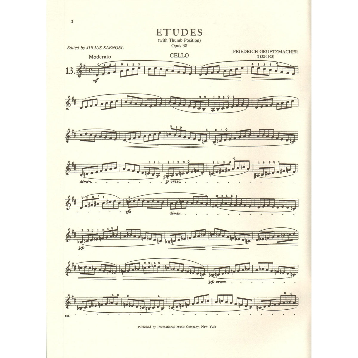 Gruetzmacher - Etudes (With Thumb Position), Op. 38 - Technology of Cello of Playing: Volume II - edited by Klengel - International