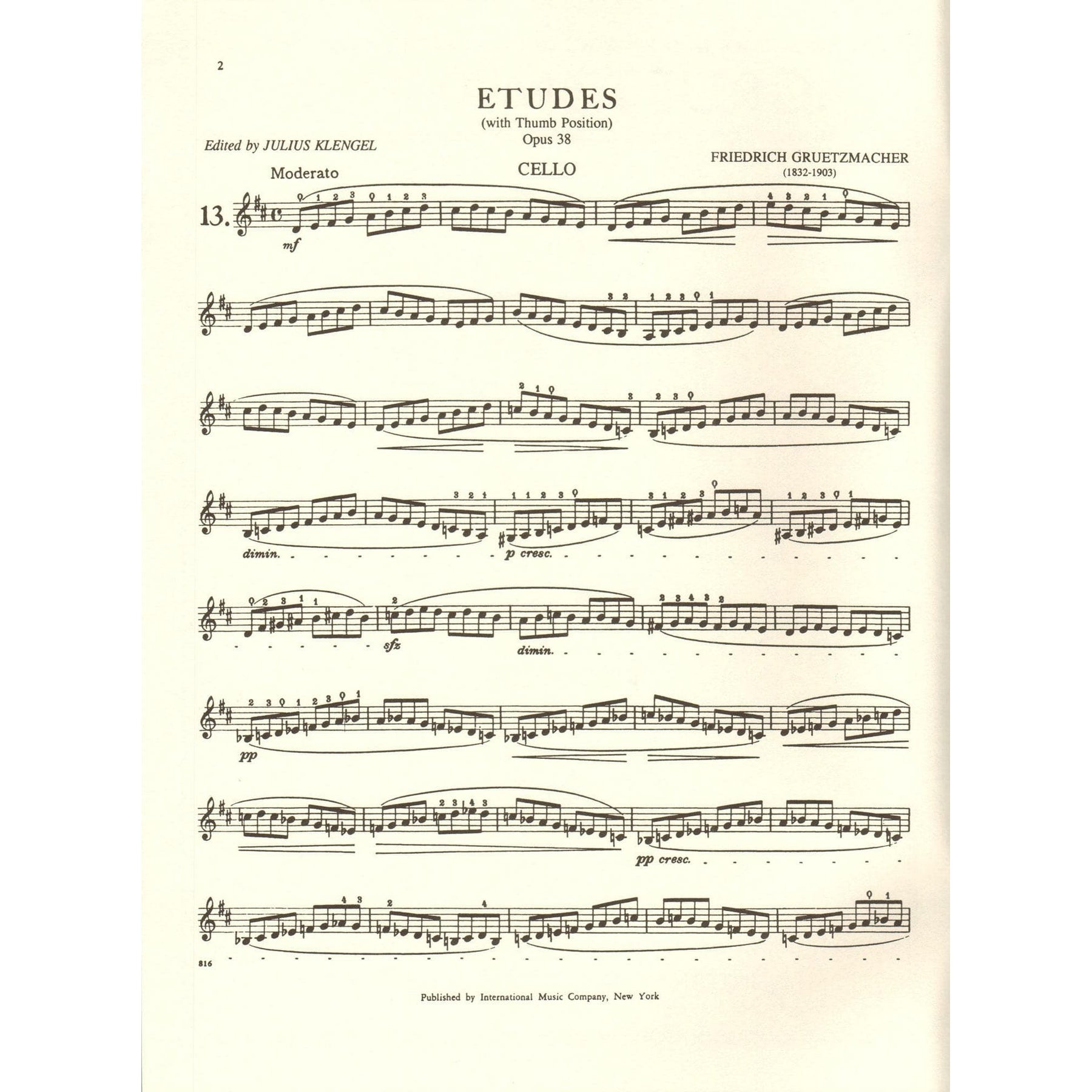 Gruetzmacher - Etudes (With Thumb Position), Op. 38 - Technology of Cello of Playing: Volume II - edited by Klengel - International
