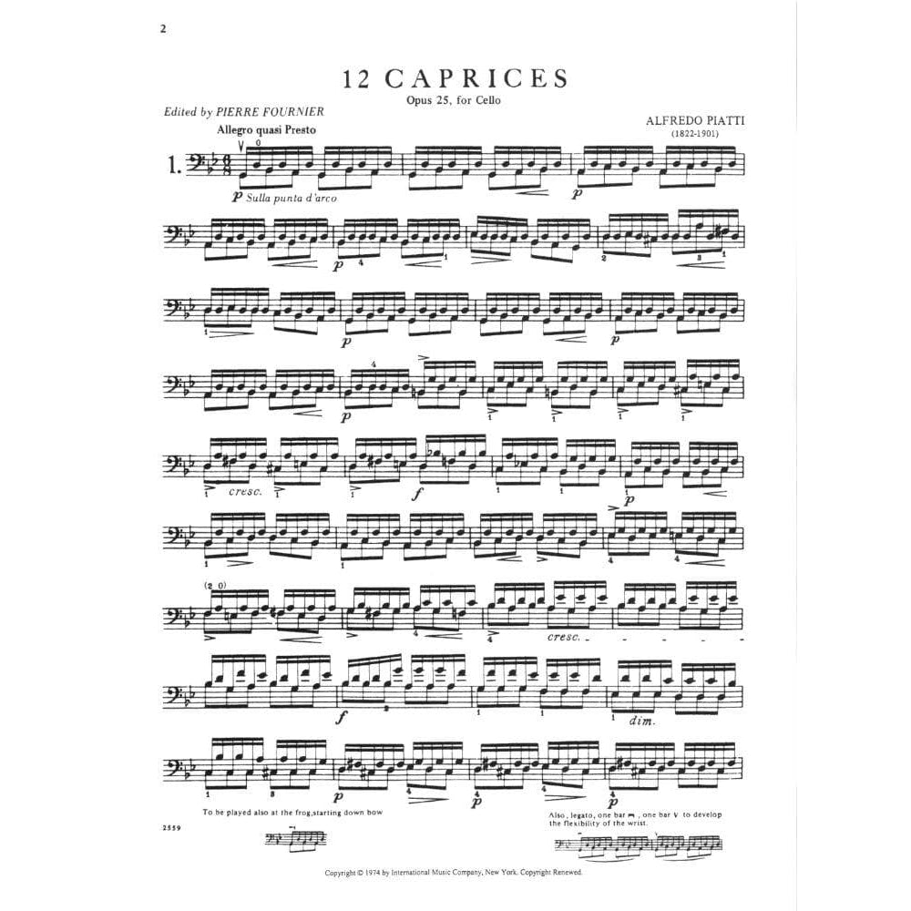 Piatti, Alfredo - 12 Caprices Op 25 For Cello Edited by Fournier Published by International Music Company